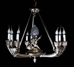 Fine Antique French Art Deco Style Silvered Bronze Figural Chandelier