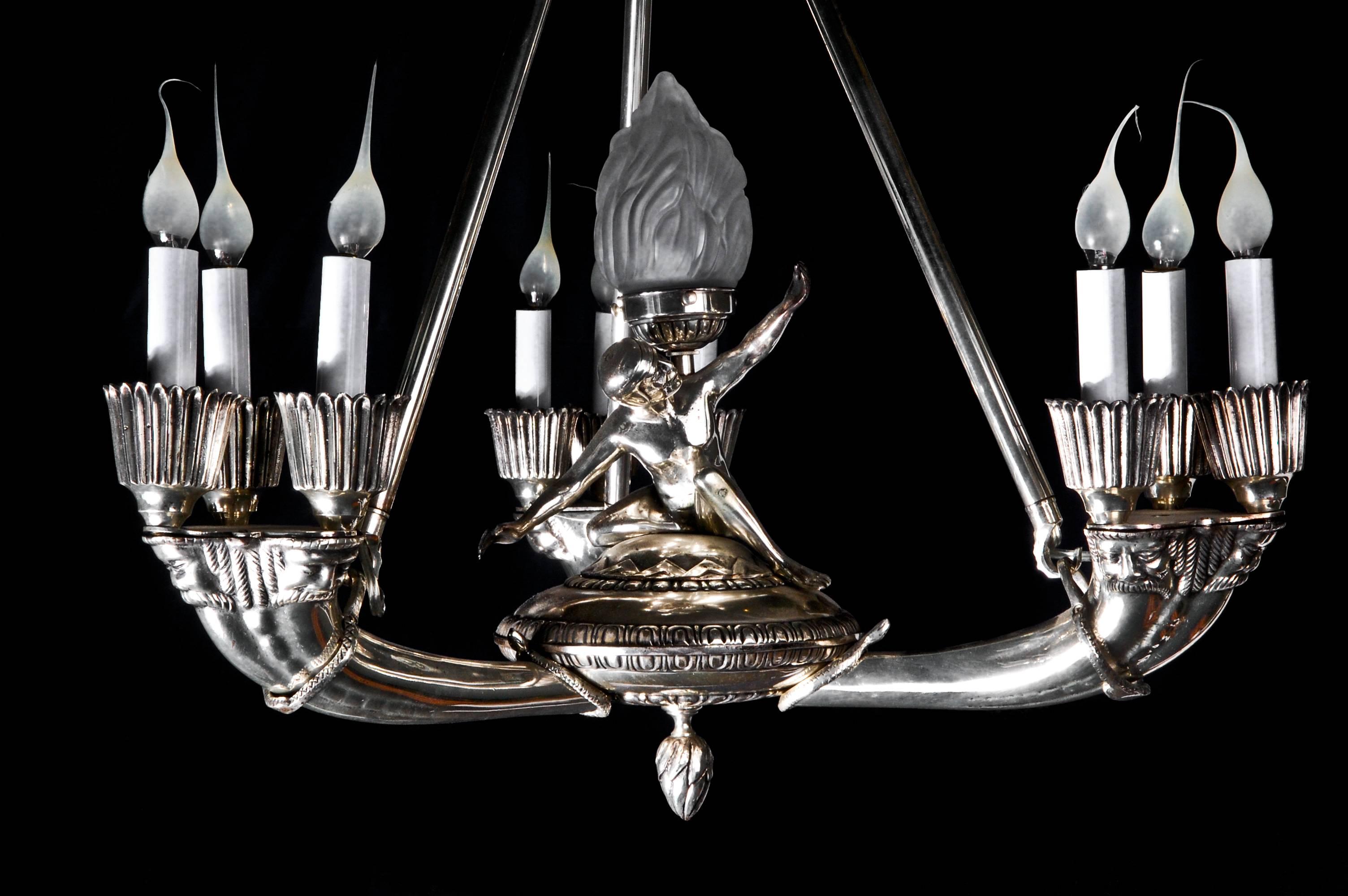 Fine Antique French Art Deco Style Silvered Bronze Figural Chandelier In Good Condition For Sale In New York, NY