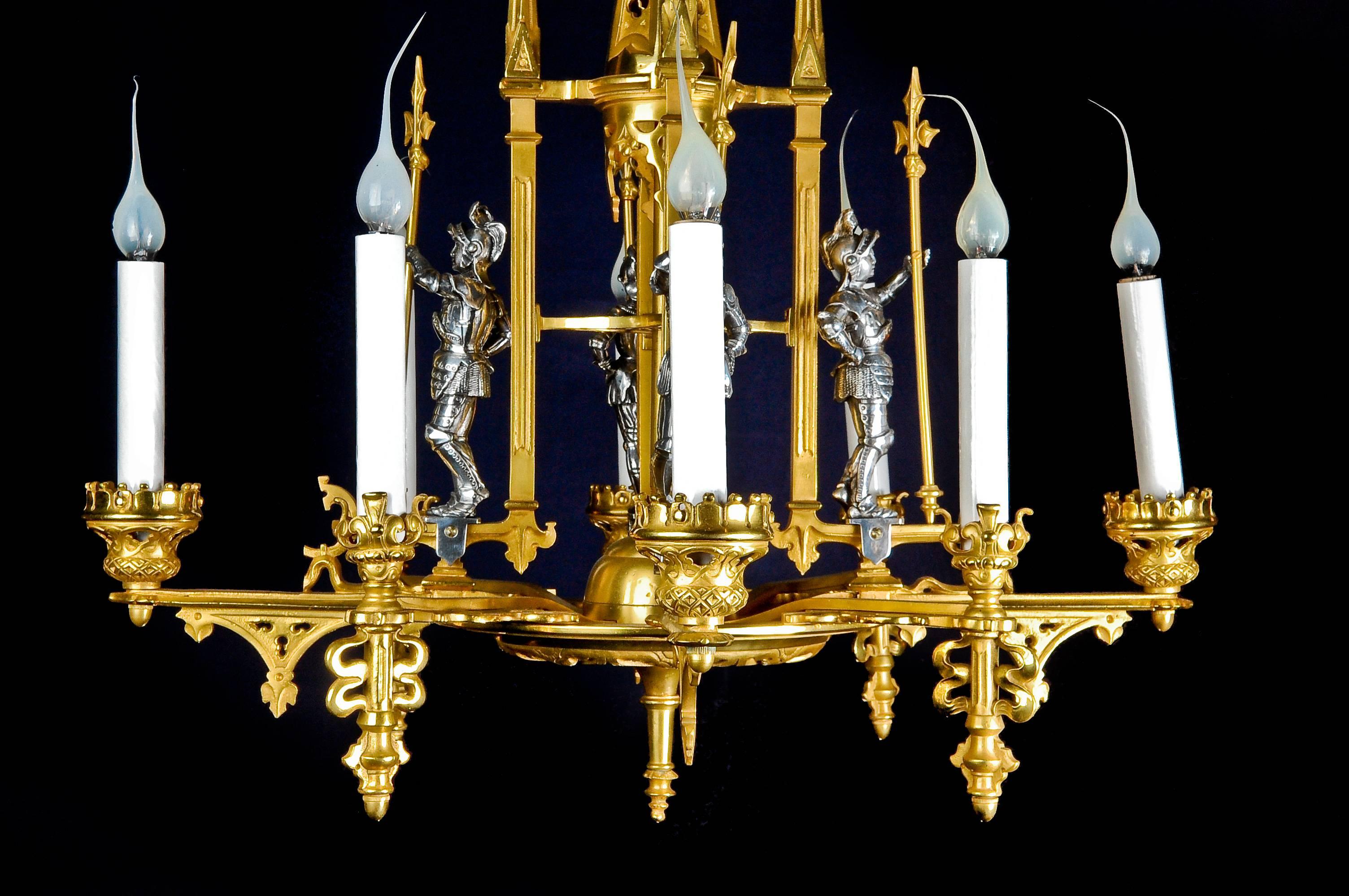 French Louis XVI Style Gilt and Silvered Bronze Figural Chandelier In Good Condition For Sale In New York, NY