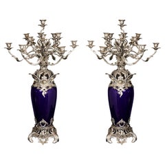 Pair of Large French Sevres Style Silvered Bronze & Blue Porcelain Candelabras