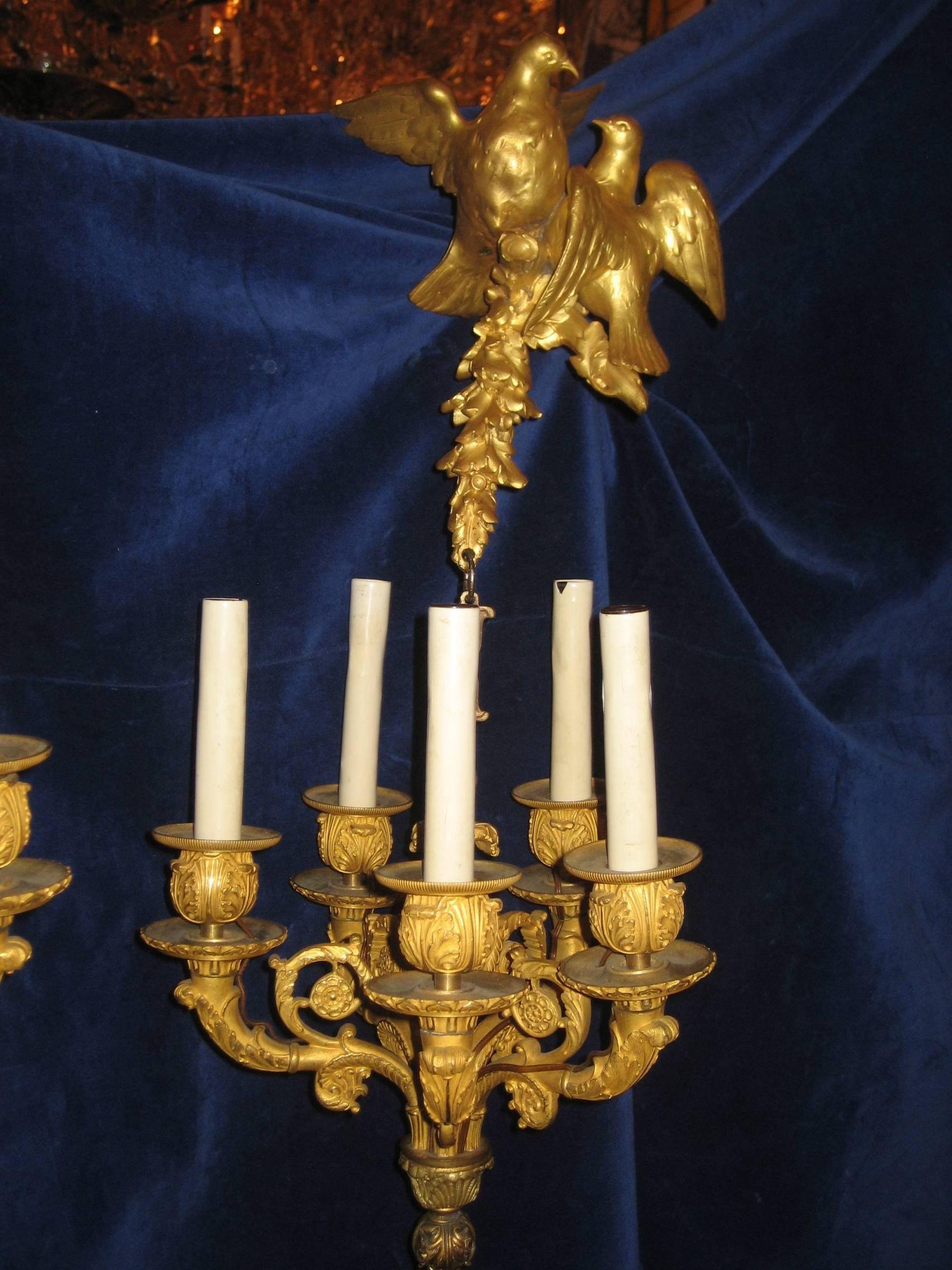 Paire de superbes et inhabituelles appliques de lustre suspendues à plusieurs lumières en bronze doré de style Louis XVI, ornées d'oiseaux d'amour sur le dessus.