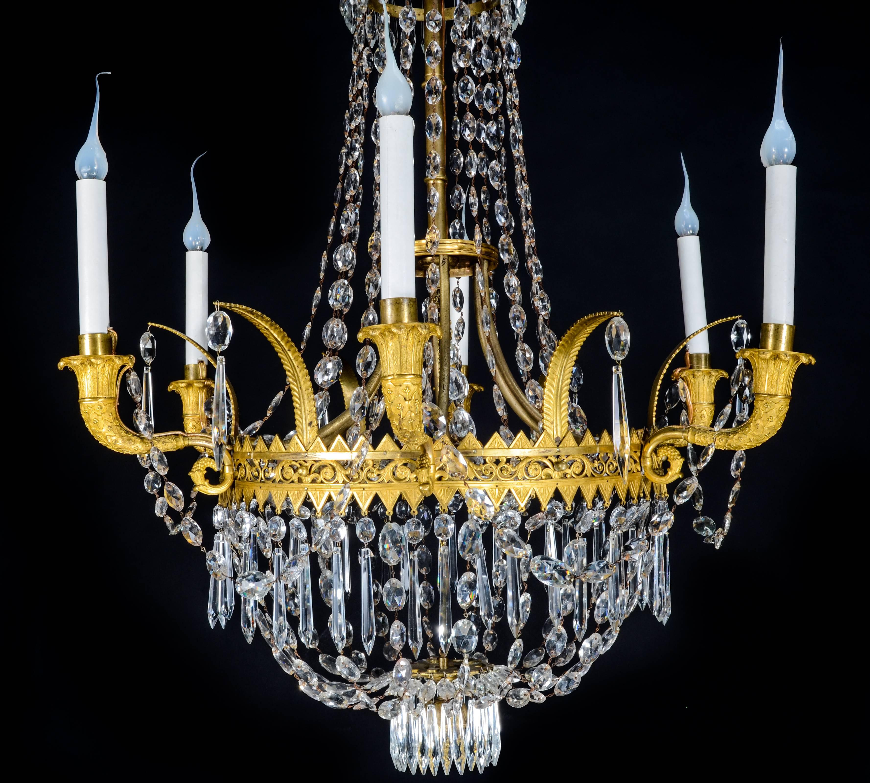 European Empire Gilt Bronze and Cut Crystal Chandelier For Sale