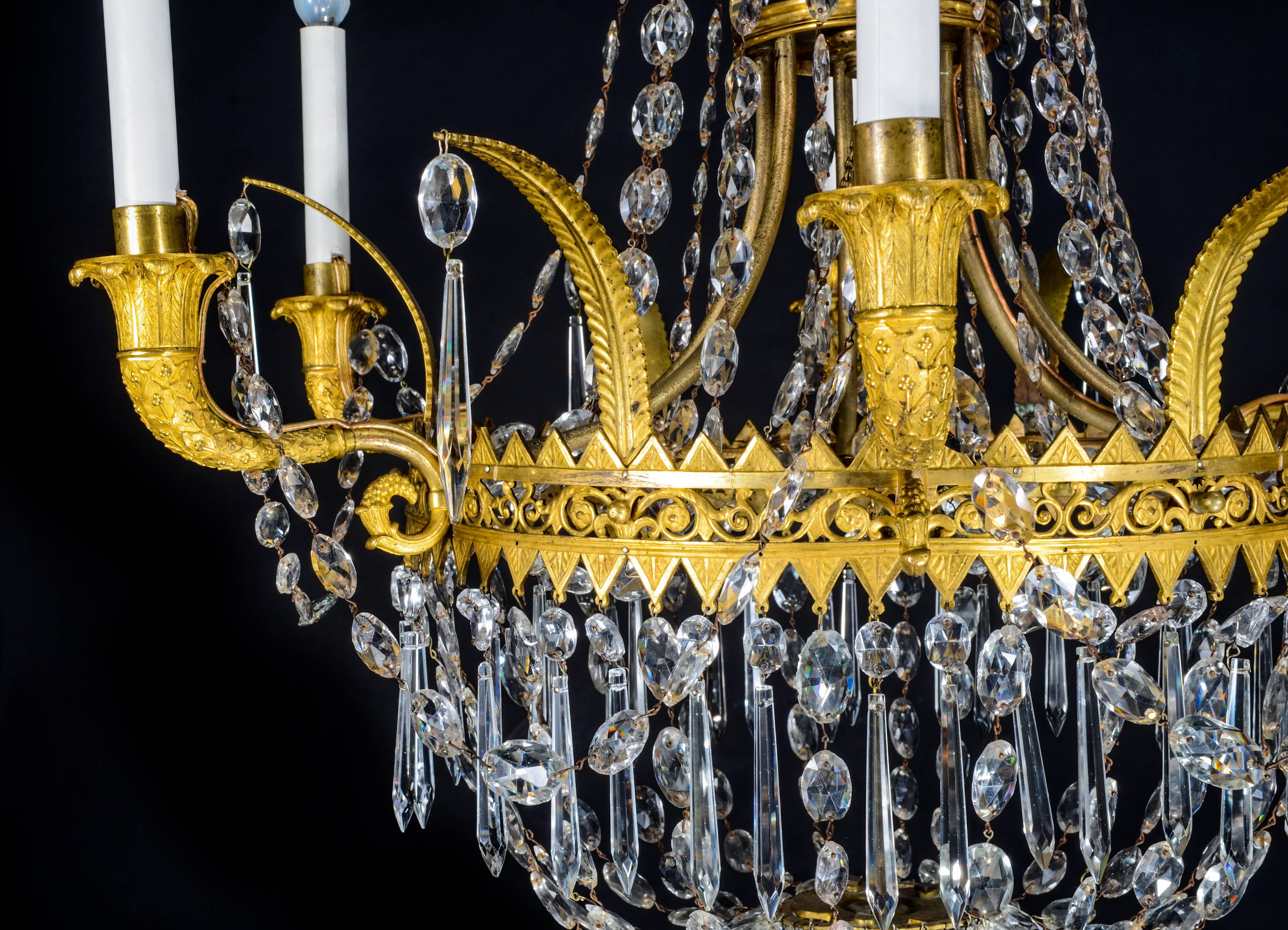 Empire Gilt Bronze and Cut Crystal Chandelier In Good Condition For Sale In New York, NY