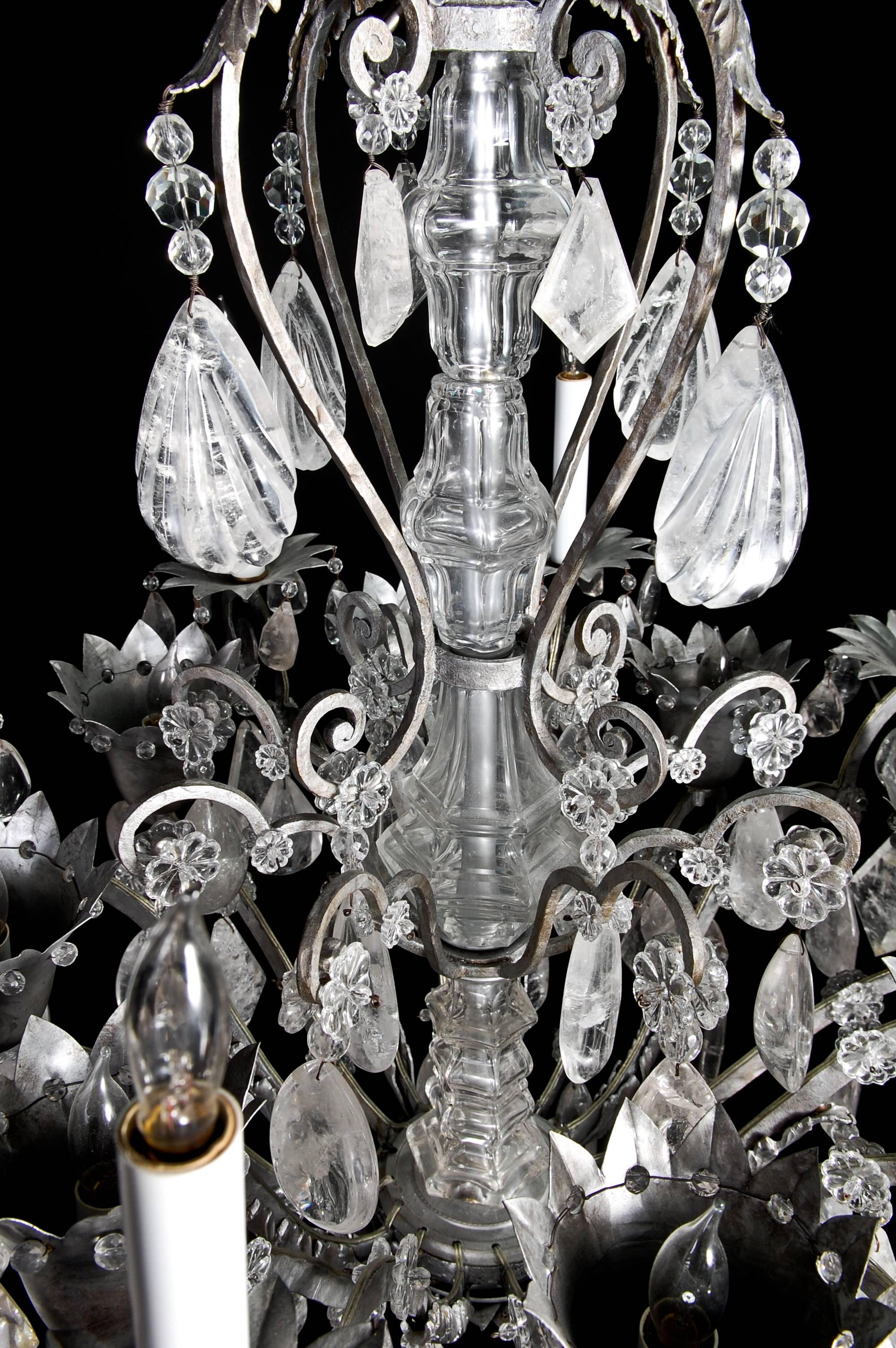 Hand-Carved Fine French Bagues Style Silvered and Cut Rock Crystal Chandelier For Sale