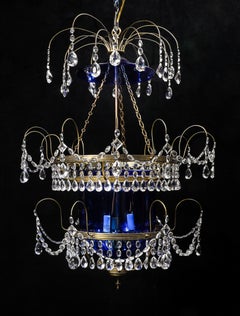 A Superb Antique Russian Neoclassical Bronze Crystal and Cobalt Glass Lantern