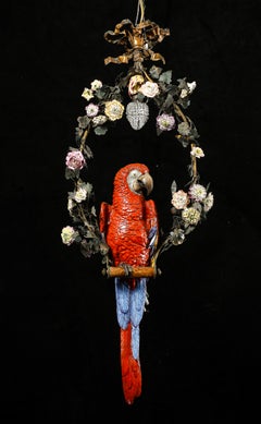 Large Antique French Louis XVI Style Porcelain, Bronze & Tole Parrot Chandelier