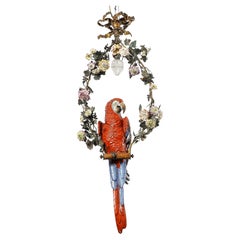 Large Antique French Louis XVI Style Porcelain, Bronze & Tole Parrot Chandelier
