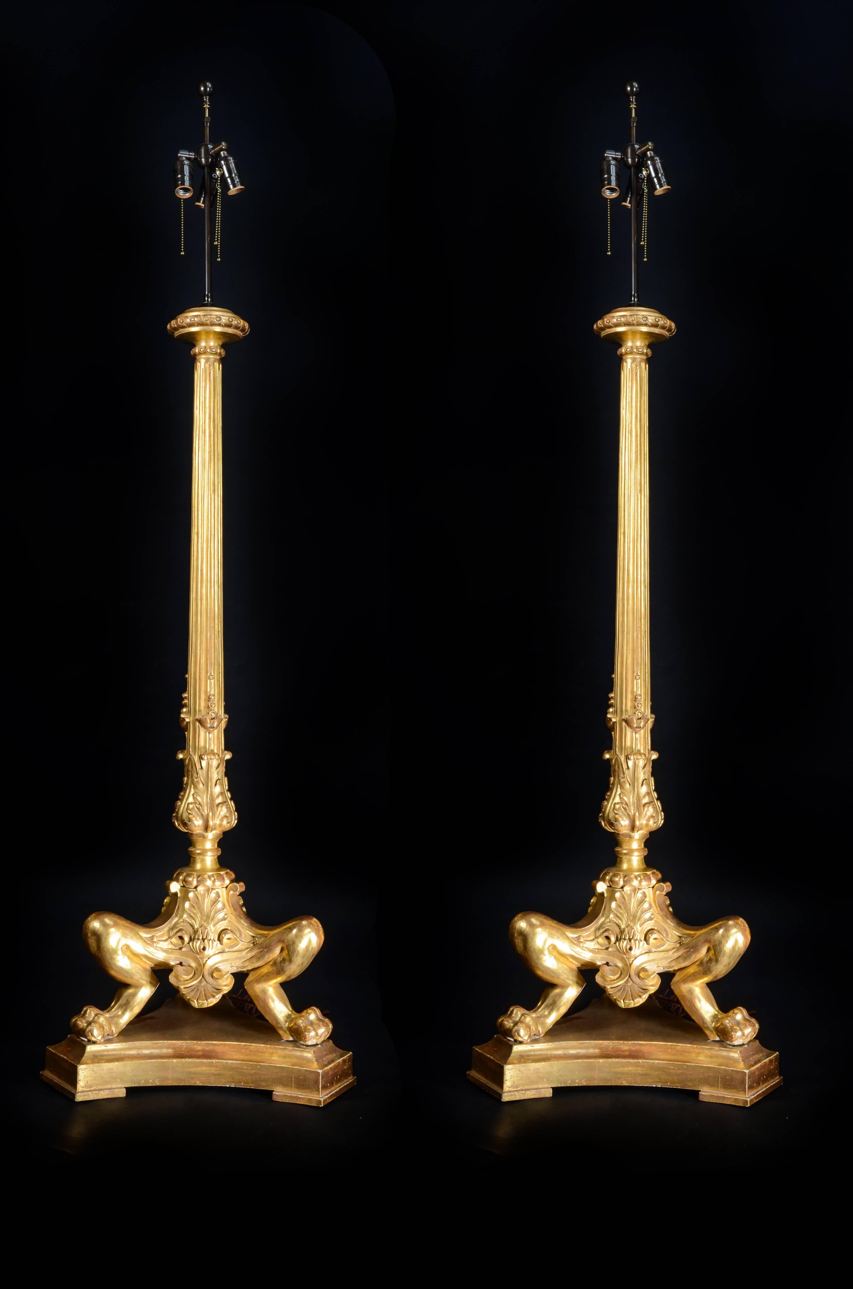 European Pair of Antique French Neoclassical Style Carved Giltwood Floor Lamps