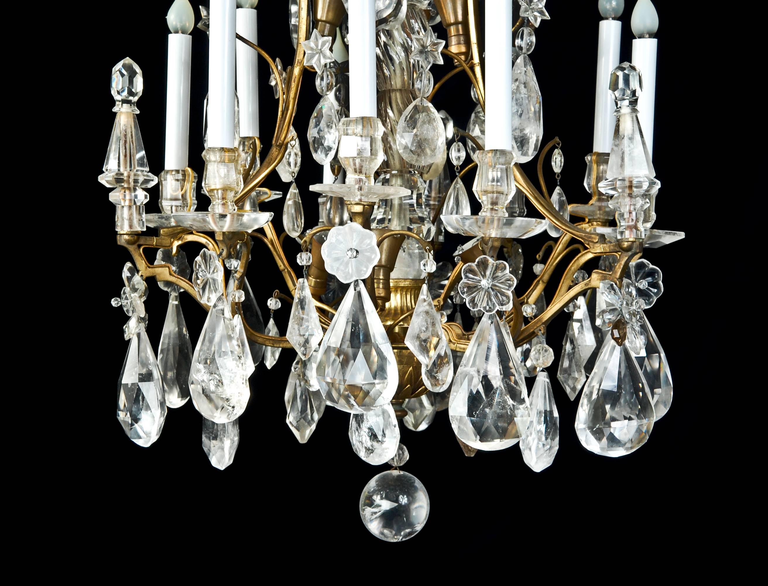 Louis XV Pair of Fine Antique French Bagues Style Gilt Bronze & Rock Crystal Chandeliers For Sale