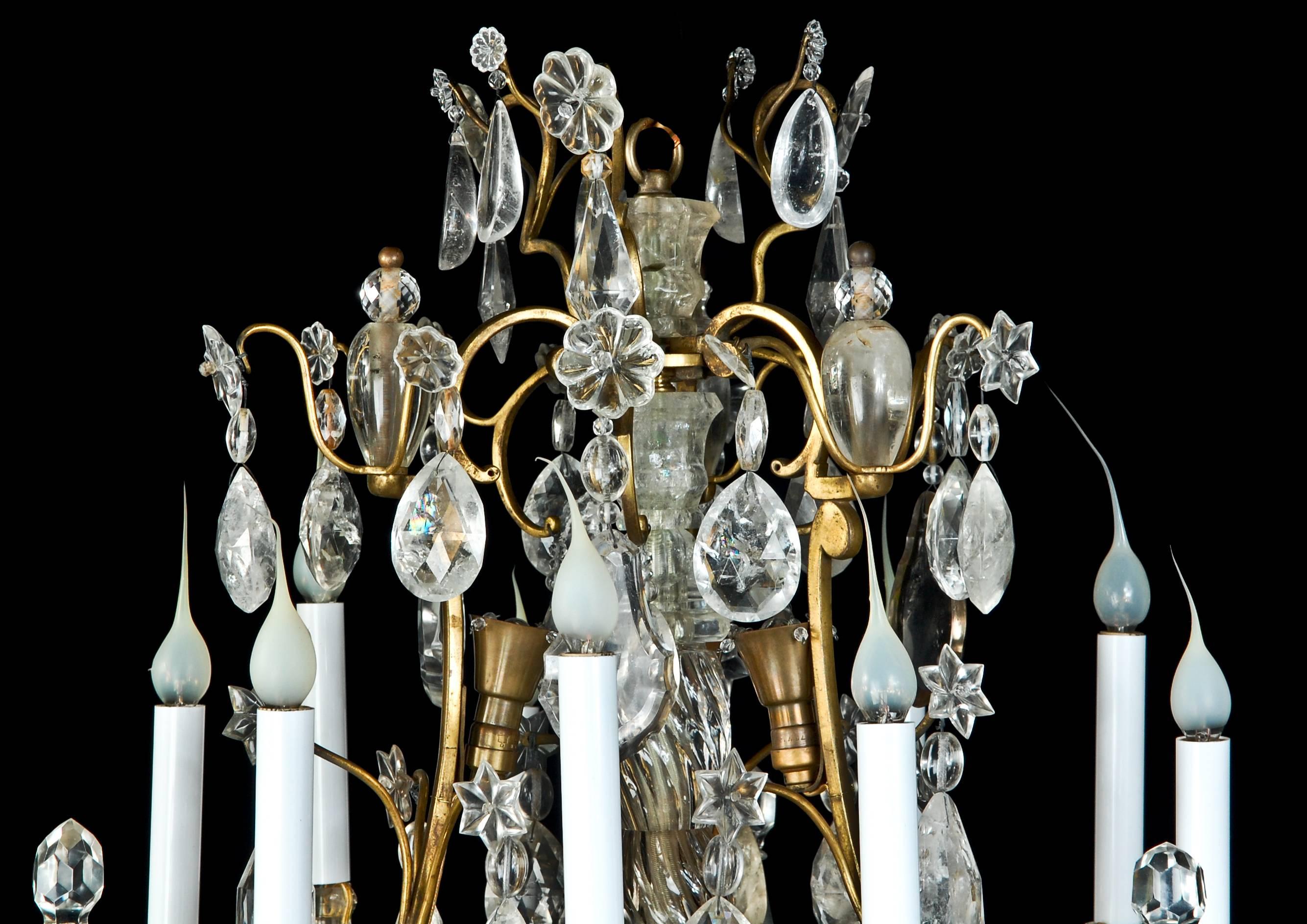 European Pair of Fine Antique French Bagues Style Gilt Bronze & Rock Crystal Chandeliers For Sale