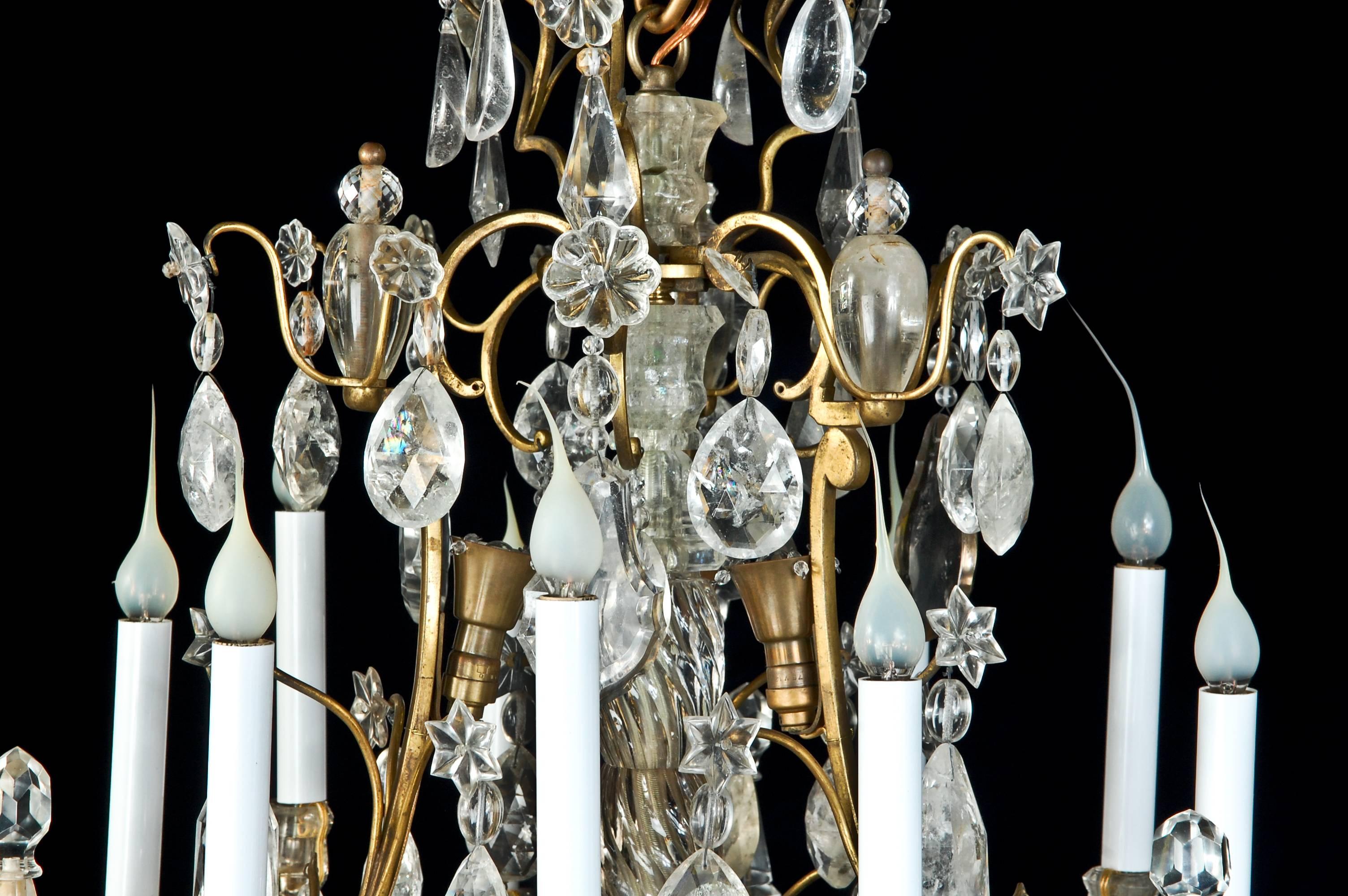 20th Century Pair of Fine Antique French Bagues Style Gilt Bronze & Rock Crystal Chandeliers For Sale