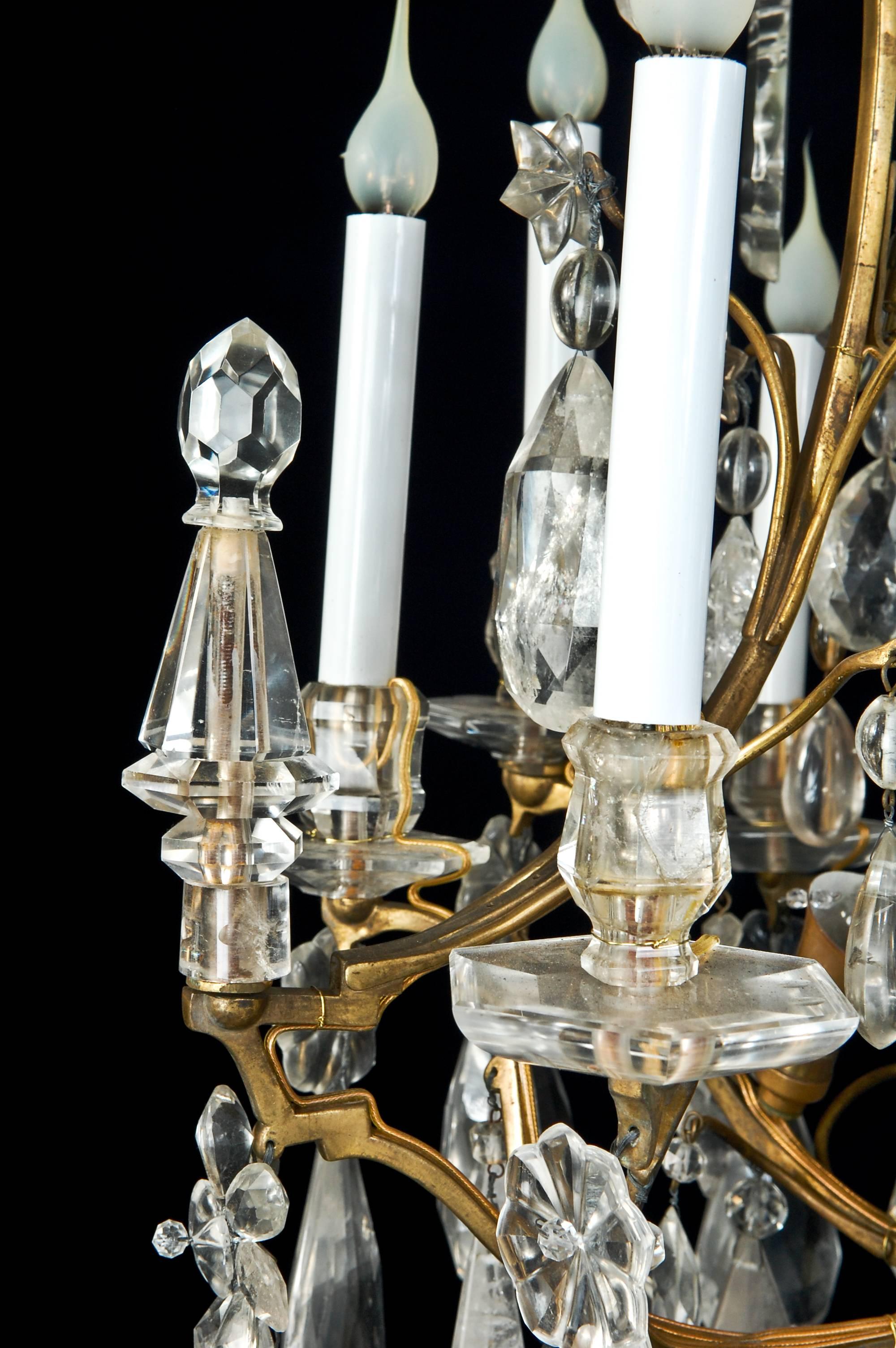 Pair of Fine Antique French Bagues Style Gilt Bronze & Rock Crystal Chandeliers For Sale 1