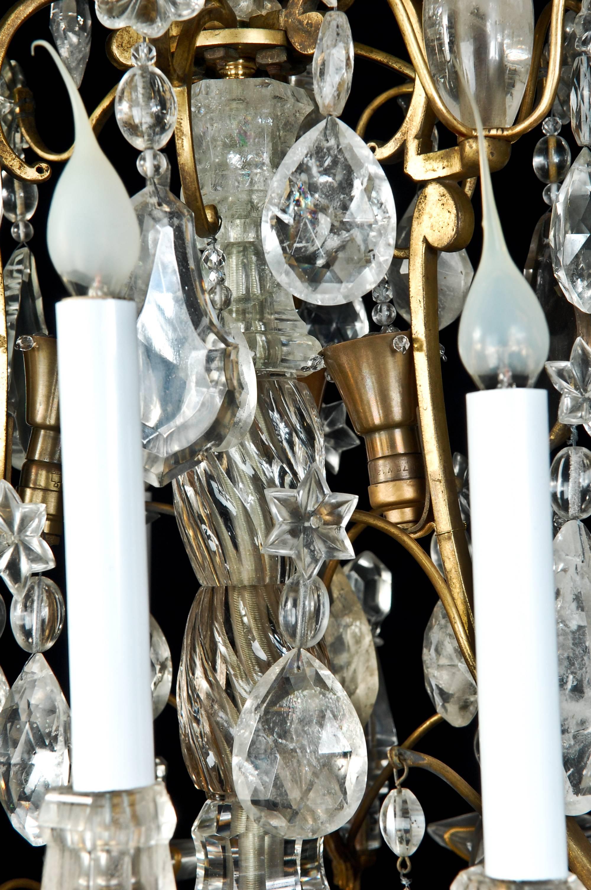 Pair of Fine Antique French Bagues Style Gilt Bronze & Rock Crystal Chandeliers For Sale 2