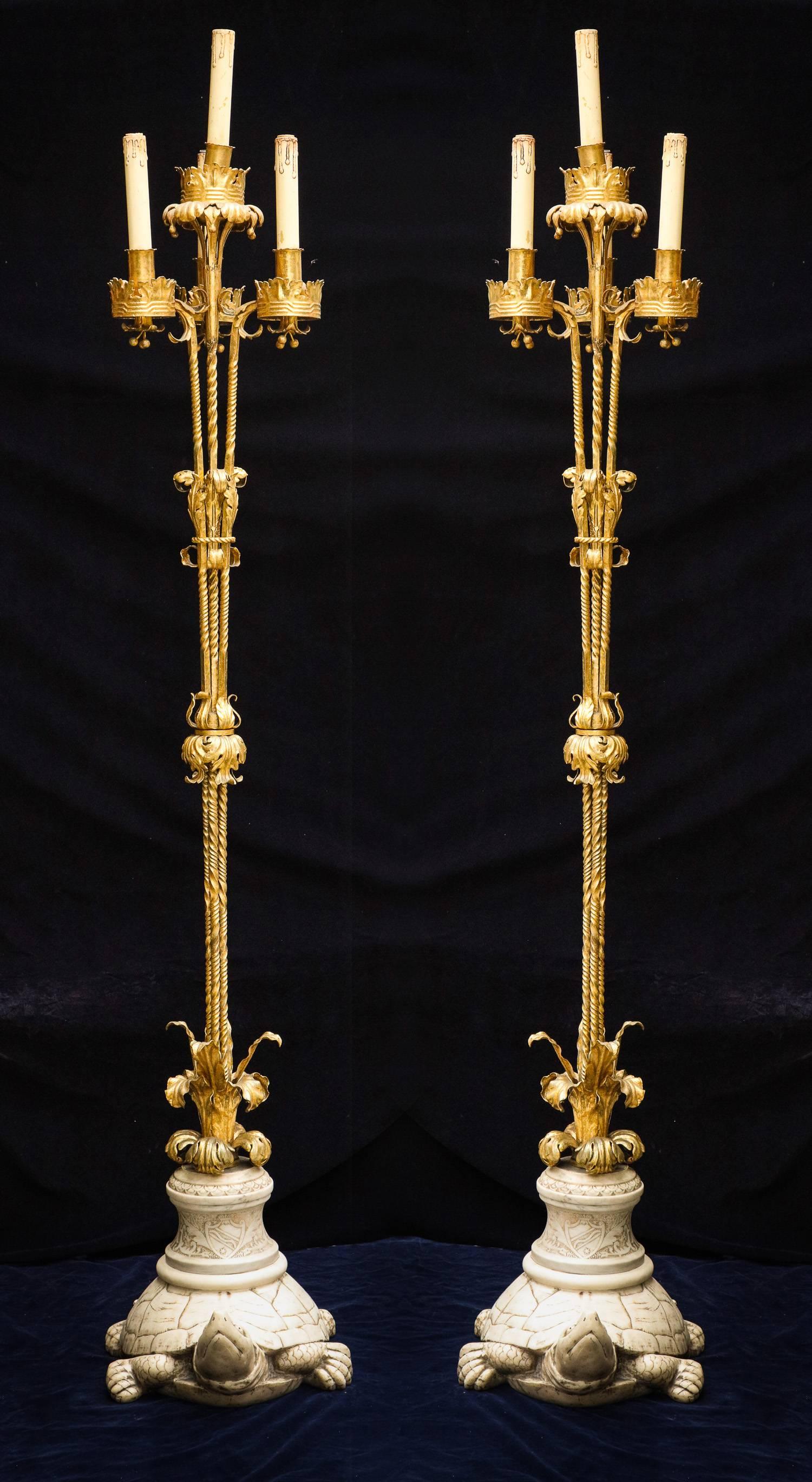 A pair of palatial and rare large antique American Louis XVI style gilt bronze and carved marble floor lamps depicting large turtles by E.F .Caldwell.