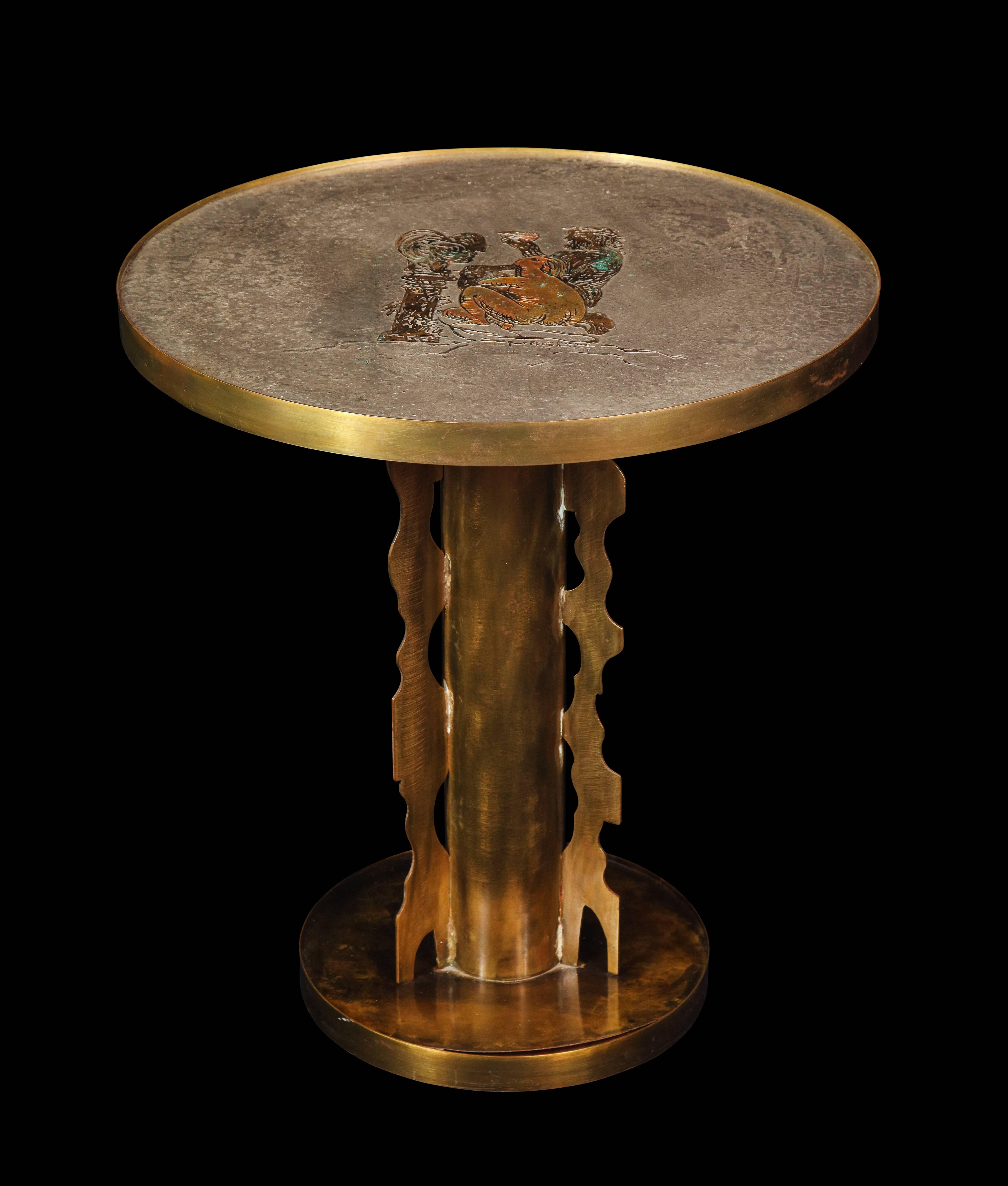A unique pair of acid-etched polychromed hand enameled brass and pewter side or cocktail tables by Philip and Kelvin LaVerne depicting figural scenes after Picasso work suite Vollard.