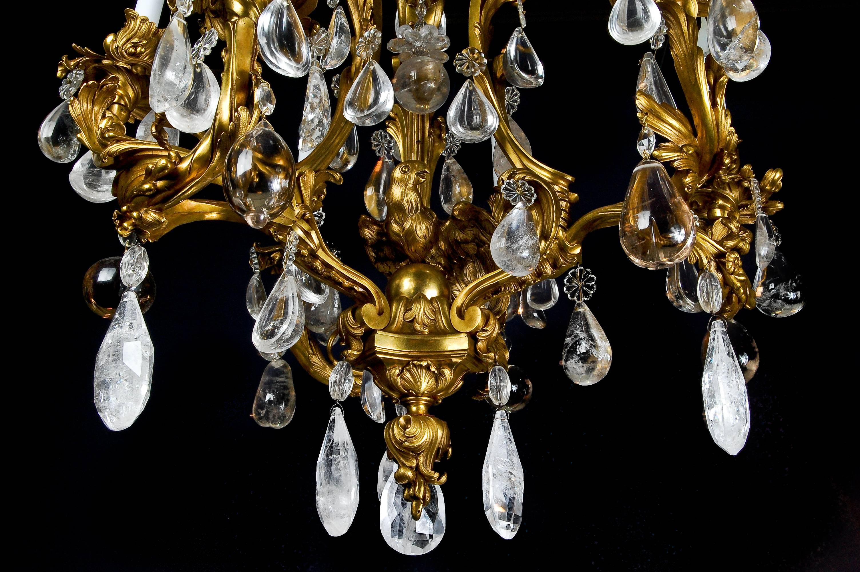 Antique French Louis XVI Style Gilt Bronze and Rock Crystal Parrot Chandelier In Good Condition For Sale In New York, NY