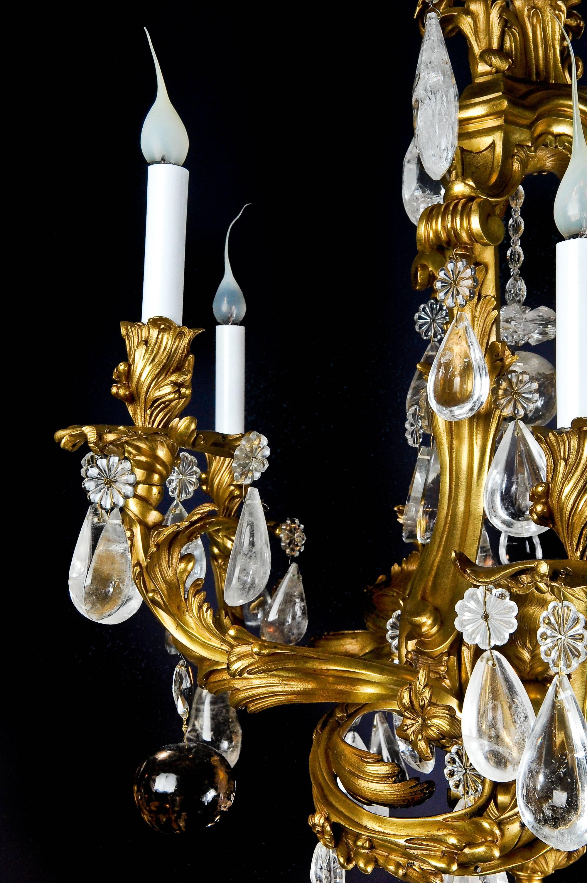 20th Century Antique French Louis XVI Style Gilt Bronze and Rock Crystal Parrot Chandelier For Sale
