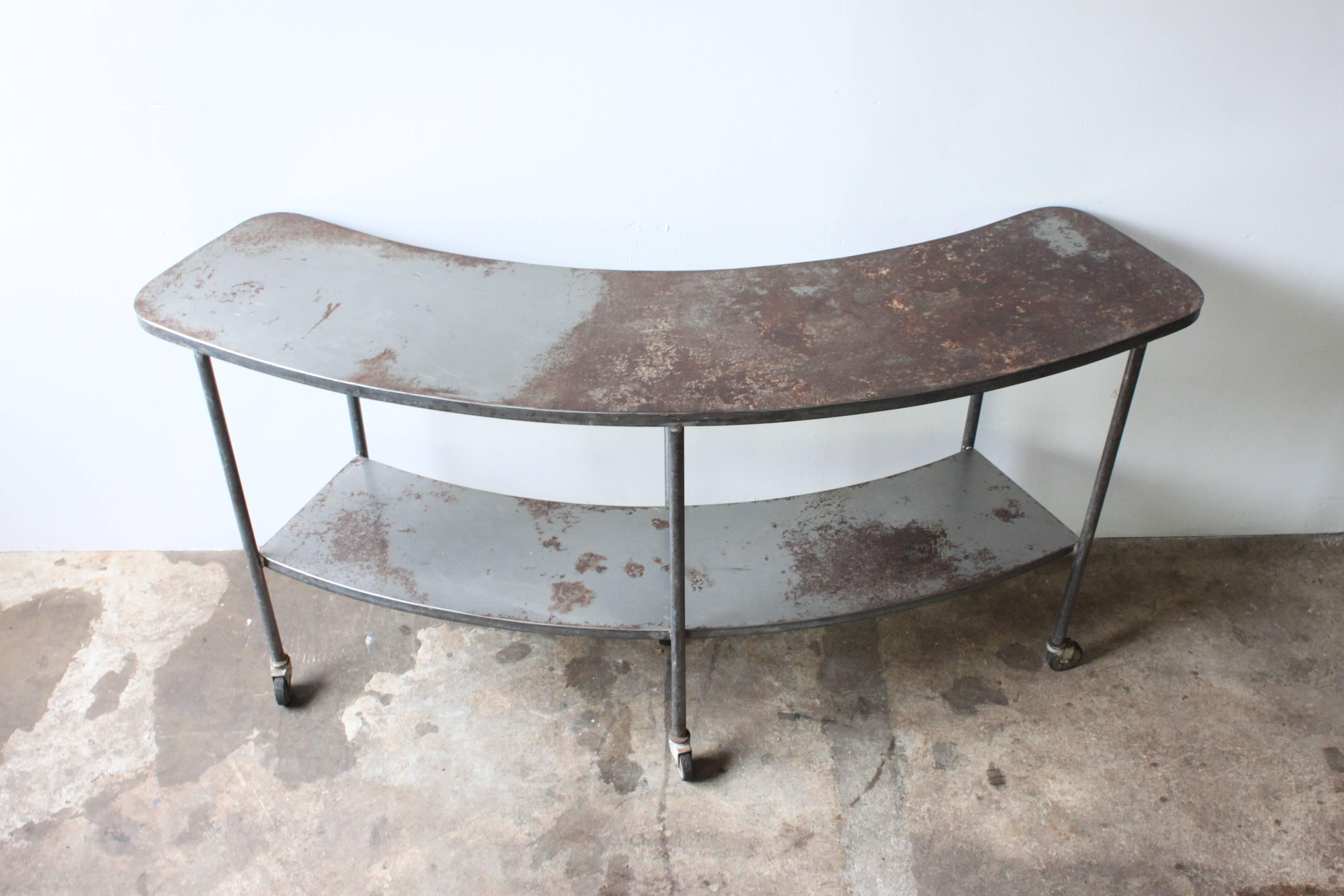 Mid-20th Century Curved Industrial Table on Casters