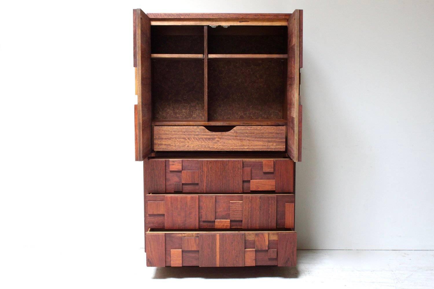 Brutalist lane stacked dresser with mosaic front in American black walnut.