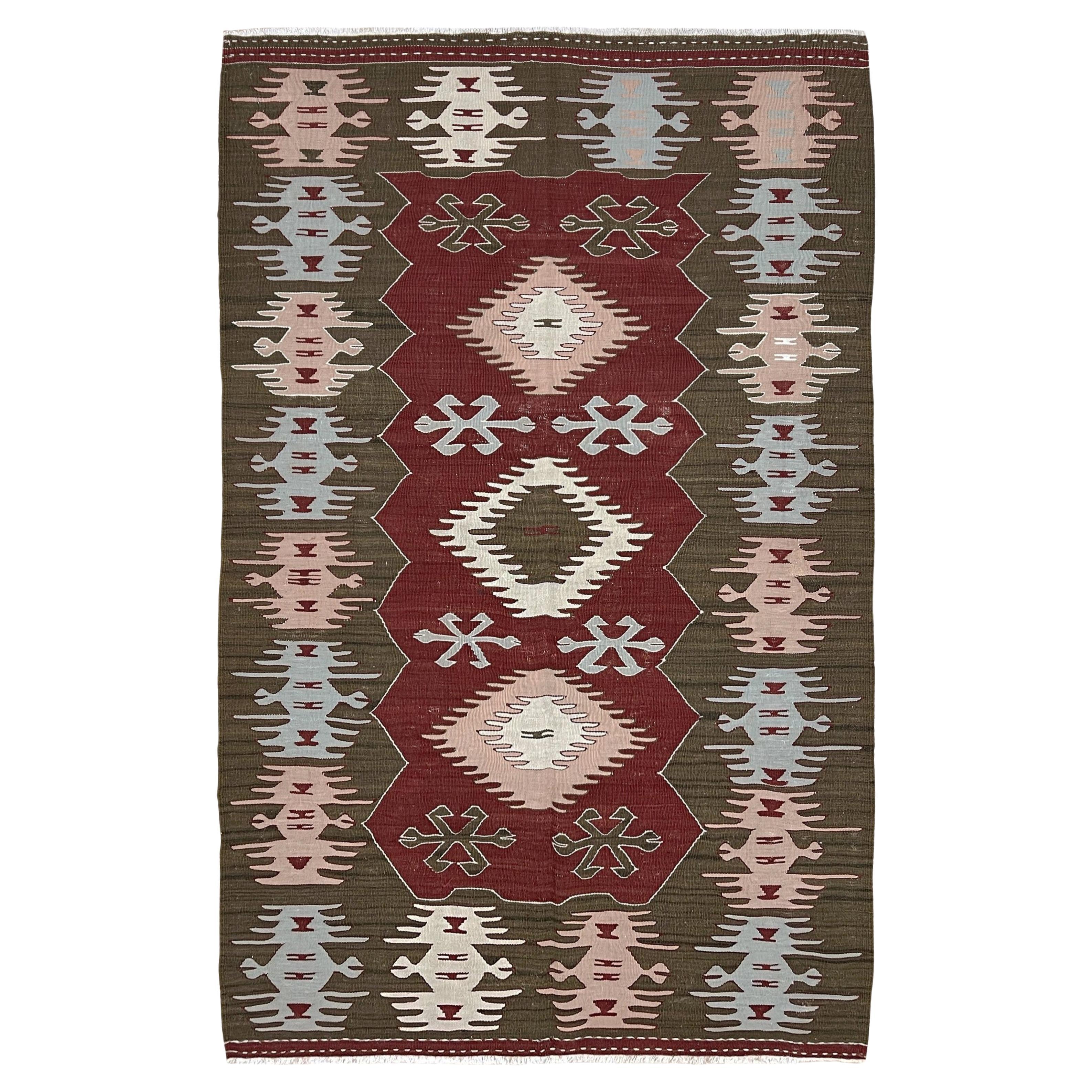 Maroon & Olive Green Turkish Kilim • Handmade Flatweave Village Rug (4×6) 1960s For Sale