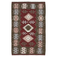 Maroon & Olive Green Turkish Kilim • Handmade Flatweave Village Rug (4×6) 1960s