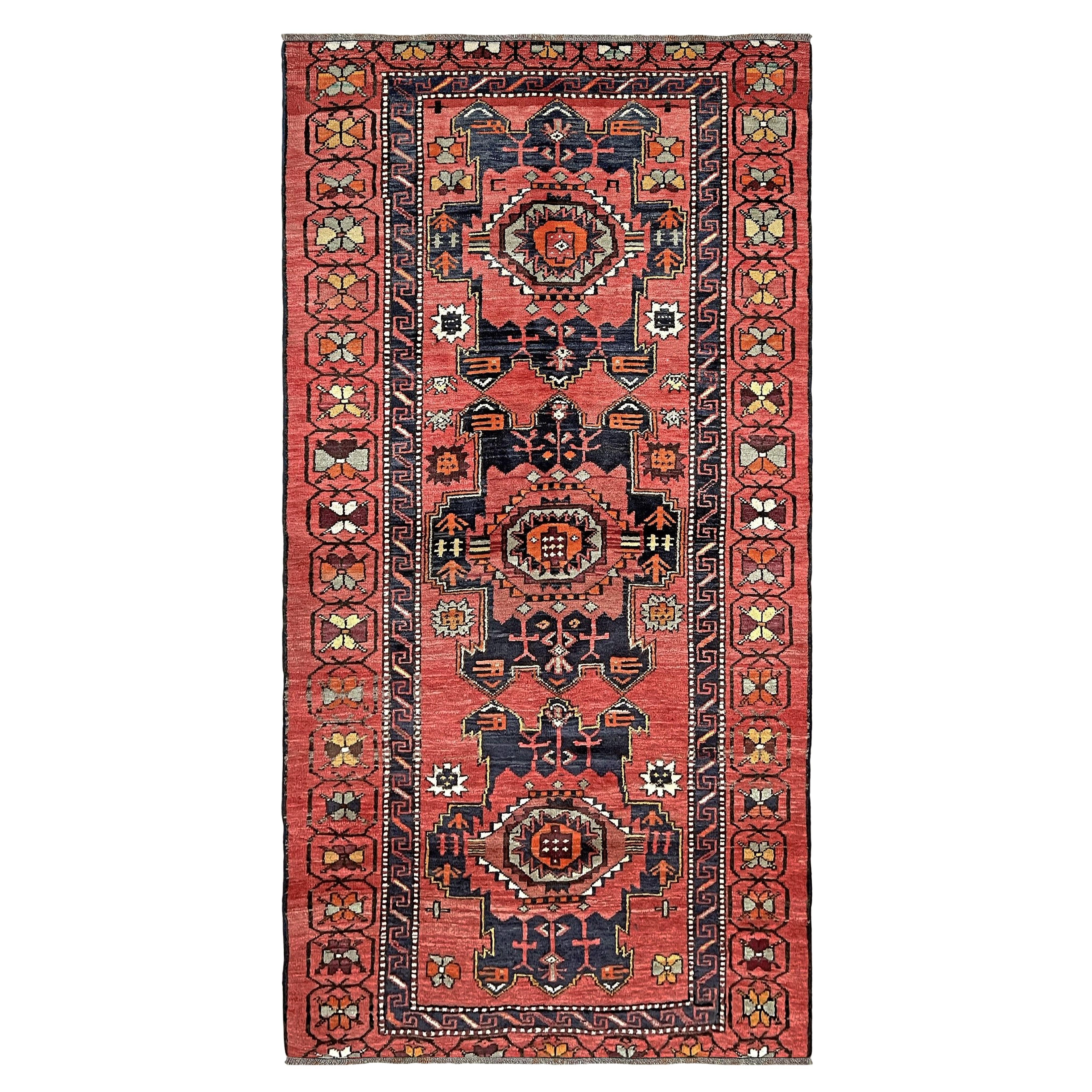 Terracotta Derbend Vintage Caucasian Rug • 4×7 • Vibrant Runner Rug• 1950s For Sale