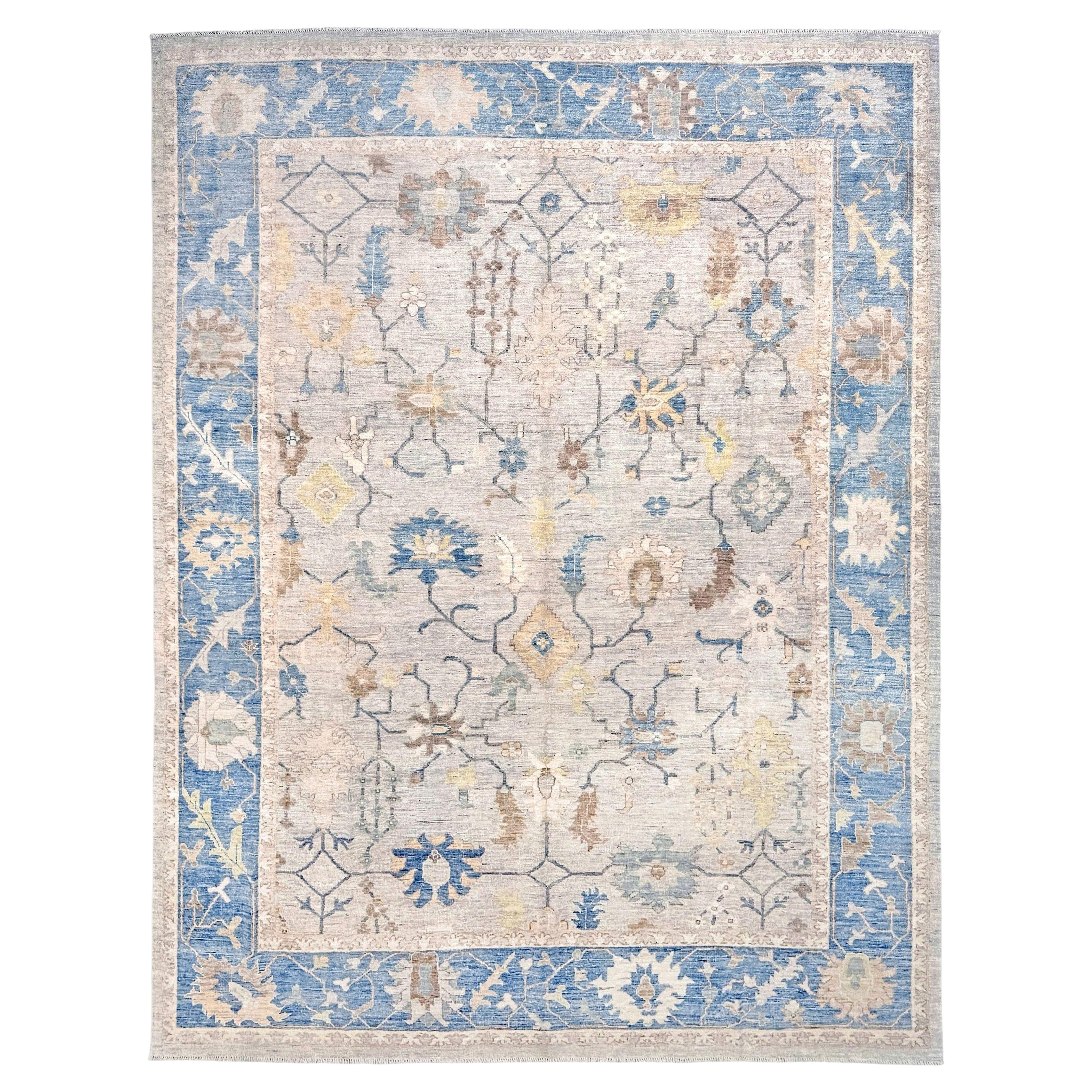 Contemporary Turkish Oushak Rug • Ivory & Blue Neutral Handmade Wool Carpet 9x12