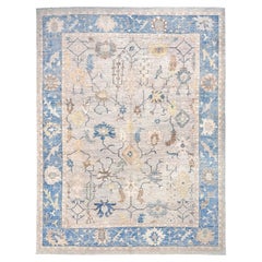 Contemporary Turkish Oushak Rug • Ivory & Blue Neutral Handmade Wool Carpet 9x12