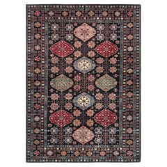 Tapis de style transitionnel « Gendje » couleur charbon • Tapis en laine fait main, motifs floraux et géométriques, 9 x 12