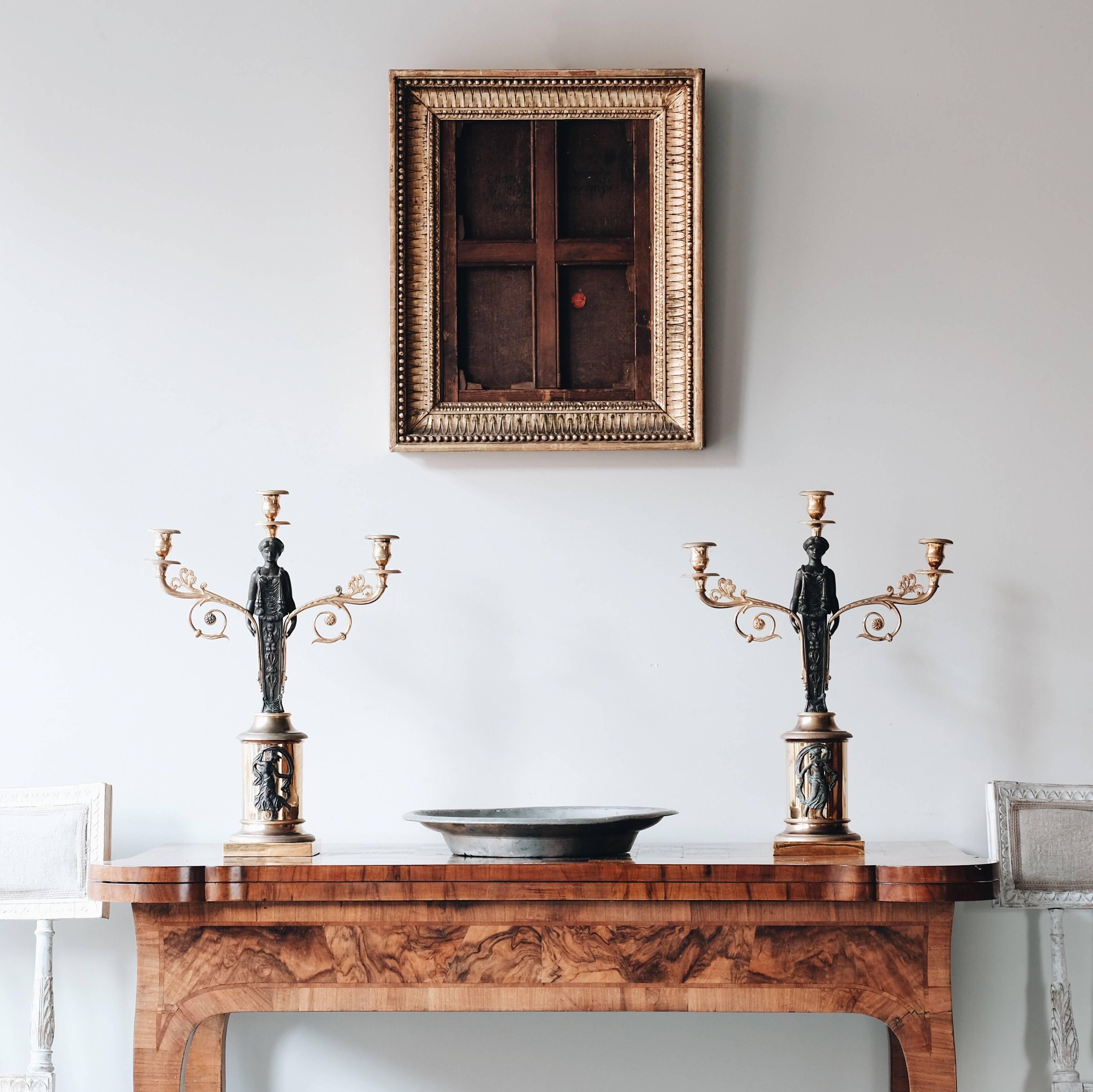 Pair of fine 19th-century Swedish Empire gilt and patinated bronze candelabras,
circa 1830, Stockholm, Sweden.