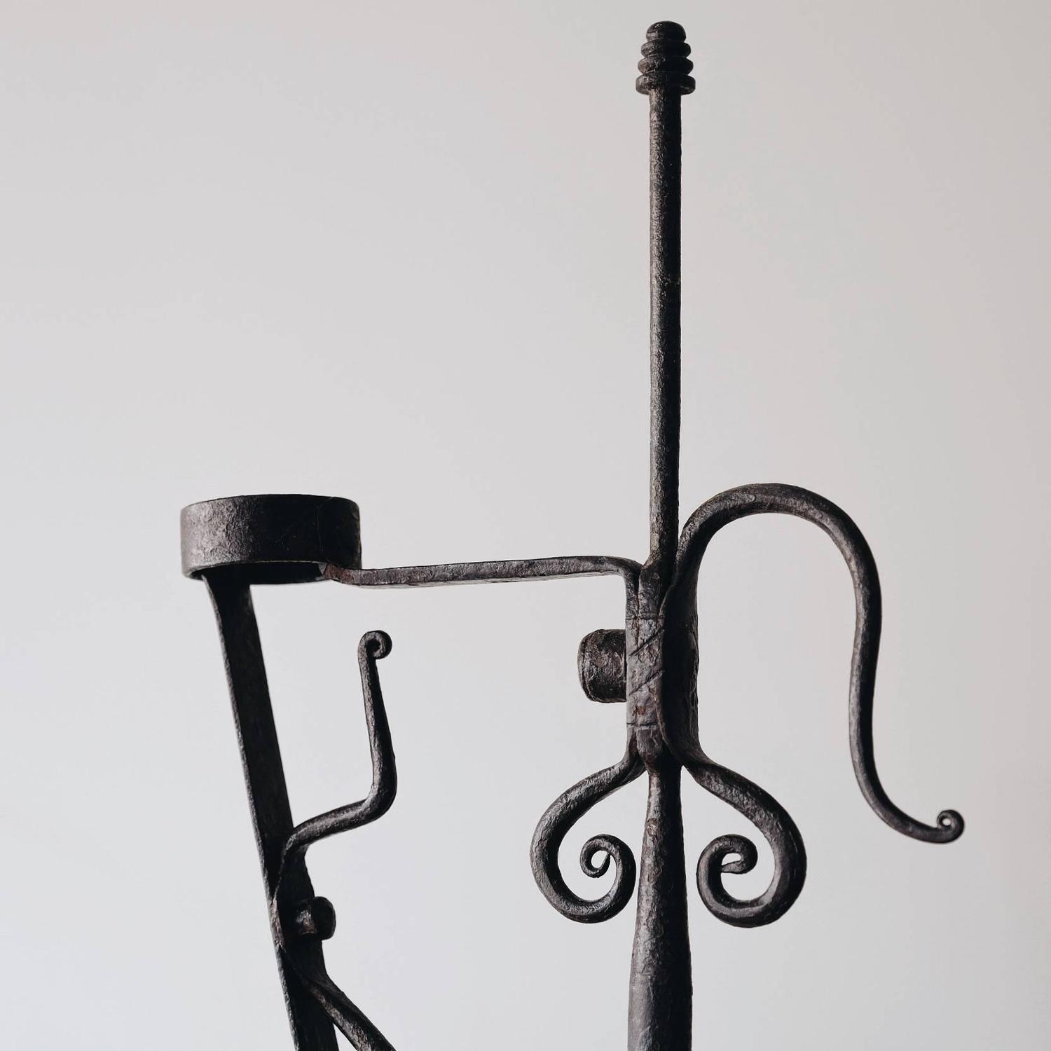 Remarkable 19th Century Swedish Wrought Iron Rush Candle Holder For