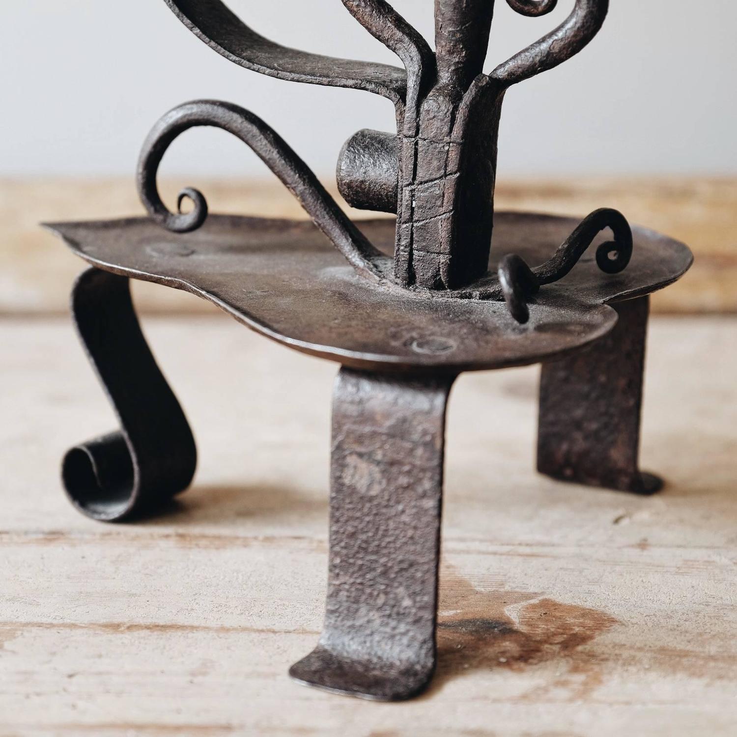 Remarkable 19th Century Swedish Wrought Iron Rush Candle Holder For