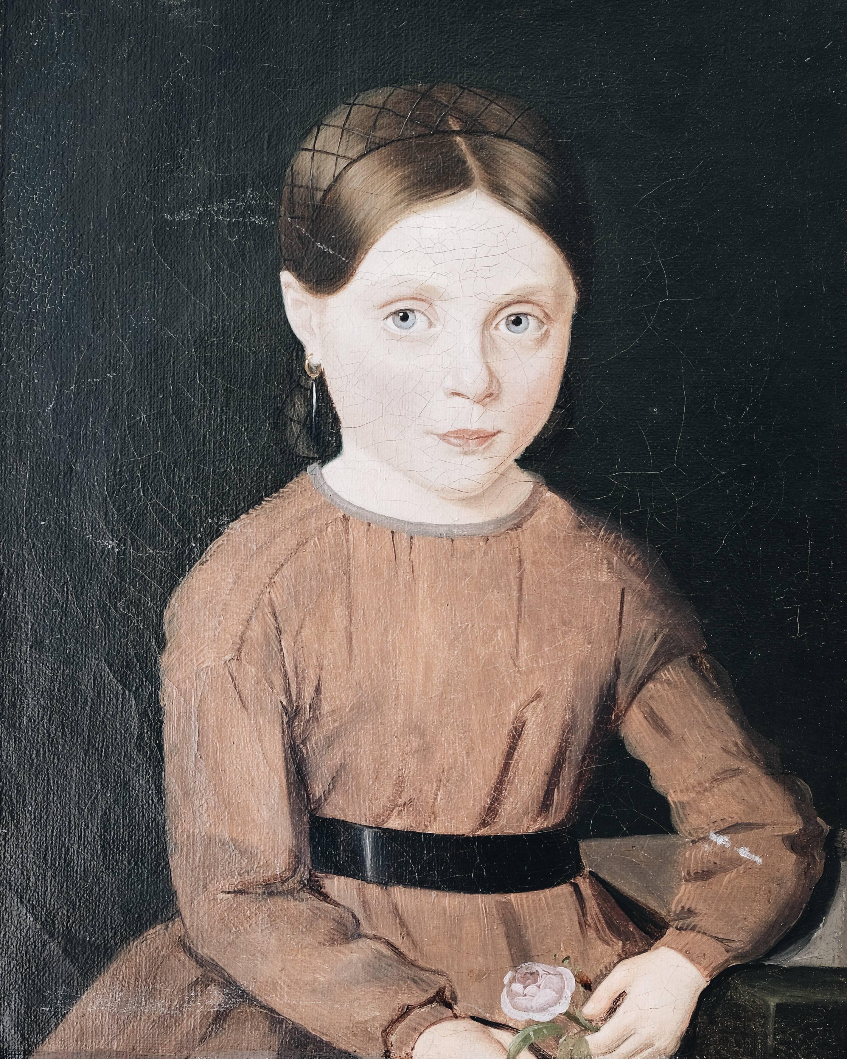 Swedish 19th Century Naive Portrait of Girl with Flower