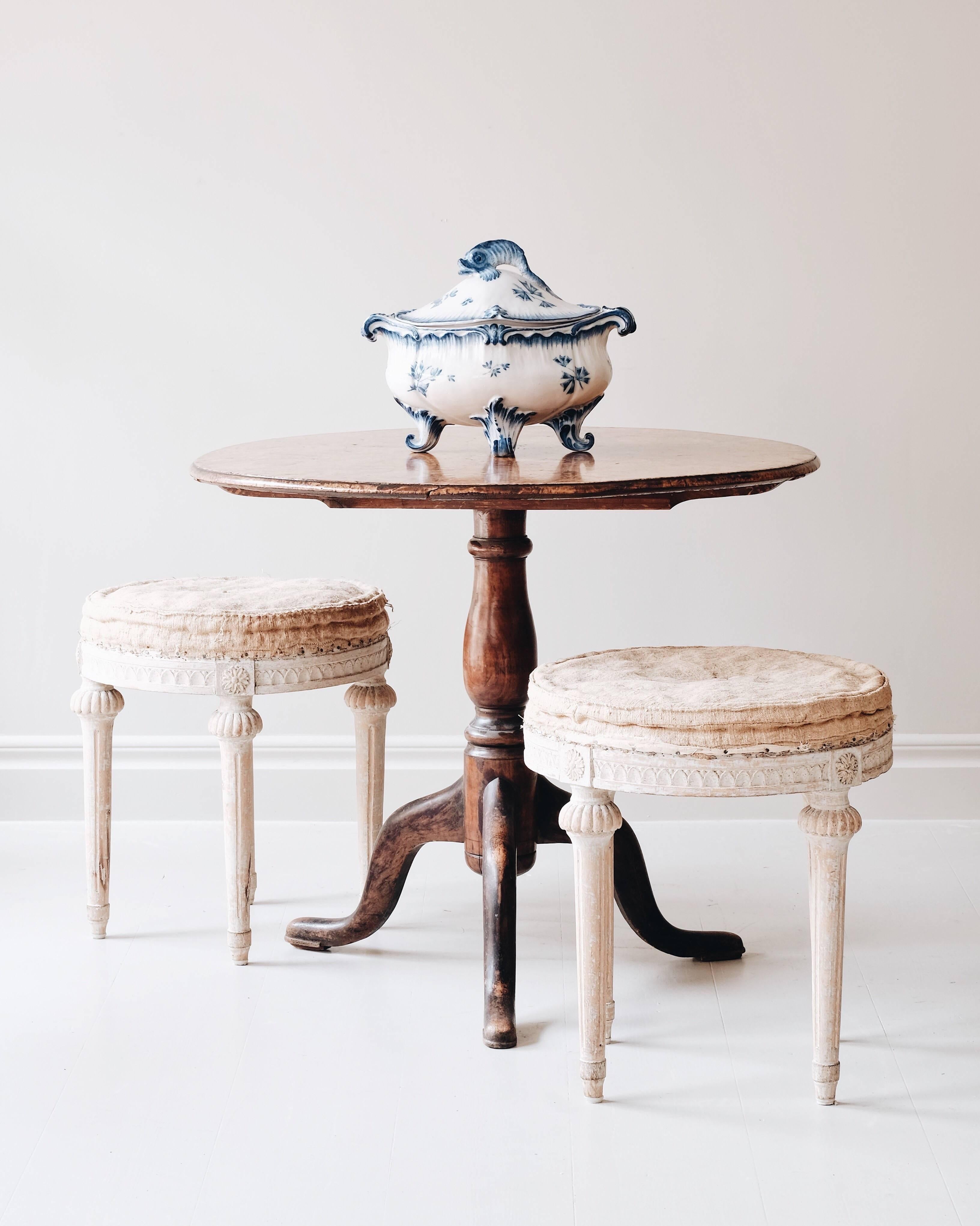 Fine pair of large round Gustavian stools in original color and seat cushion, circa 1790, Sweden.