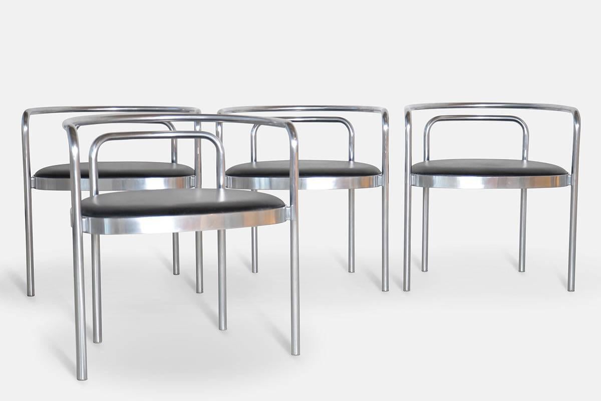 Set of four PK12 chairs in chromed steel frame. Seat upholstered in black leather. Stamped “Denmark.” Manufactured at E. Kold Christensen in 1964.

Provenance: Architect MAA Tarquini Mårtensen, Fredensborg.
 