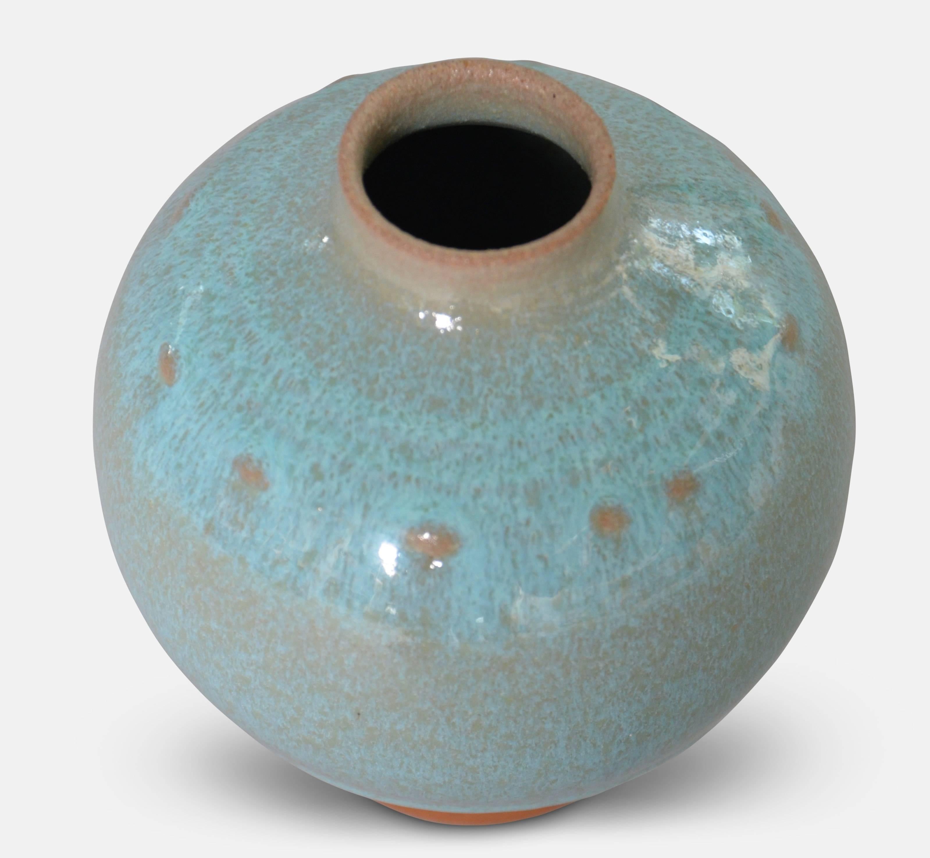 Danish Round Vase with Dots and Blue Glaze For Sale