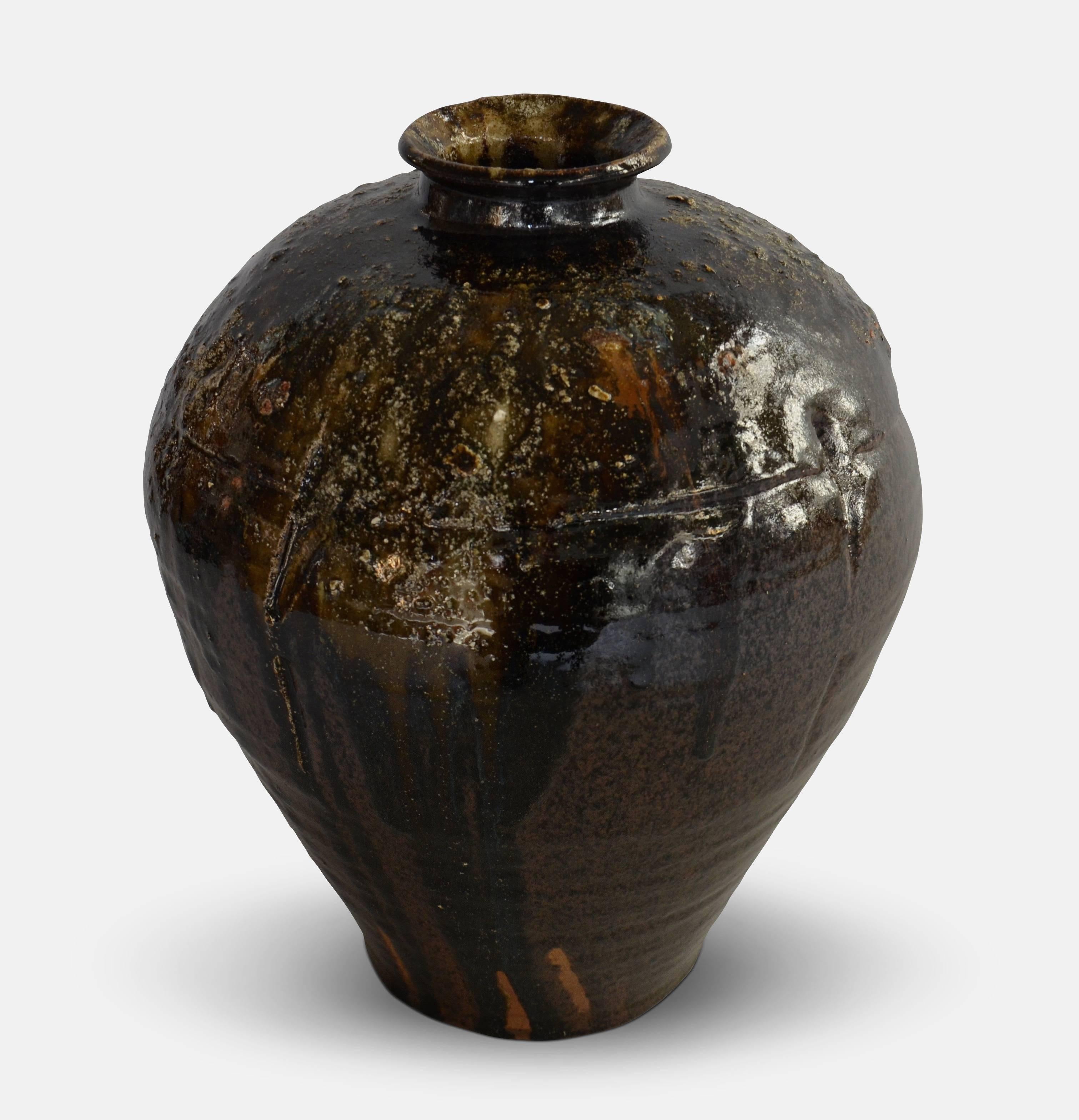 Danish Floor Vase with Brown Glaze Mixed with Seaweed For Sale