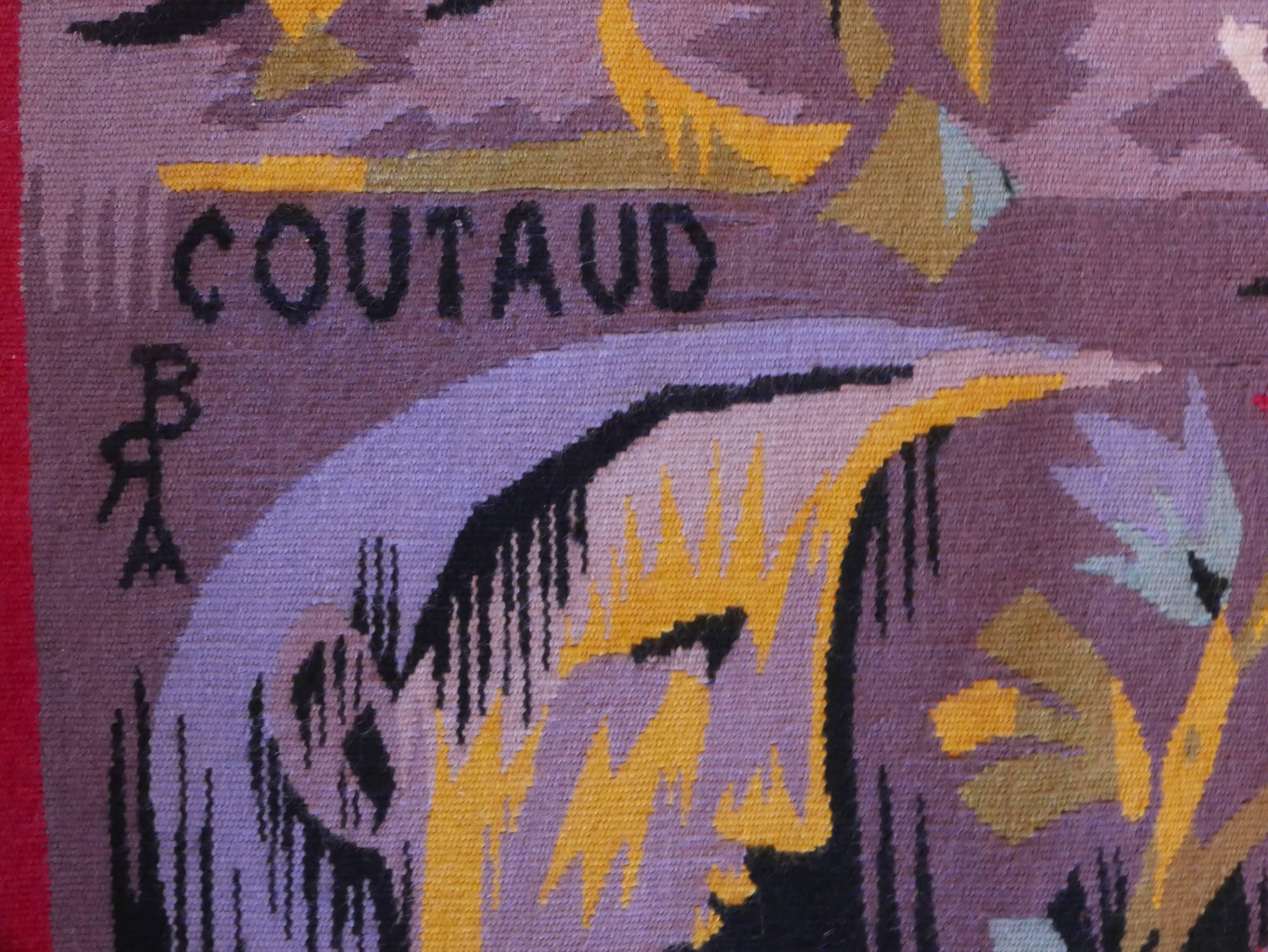 Lucien Coutaud.
Measures: 147 x 197 cm.
Braquenié Aubusson tapestry,
1950s.

Lucien Coutaud was a French surrealist painter and engraver who was born on 13th December, 1904, in Meynes, Gard, France. He had 40 years success with his artwork