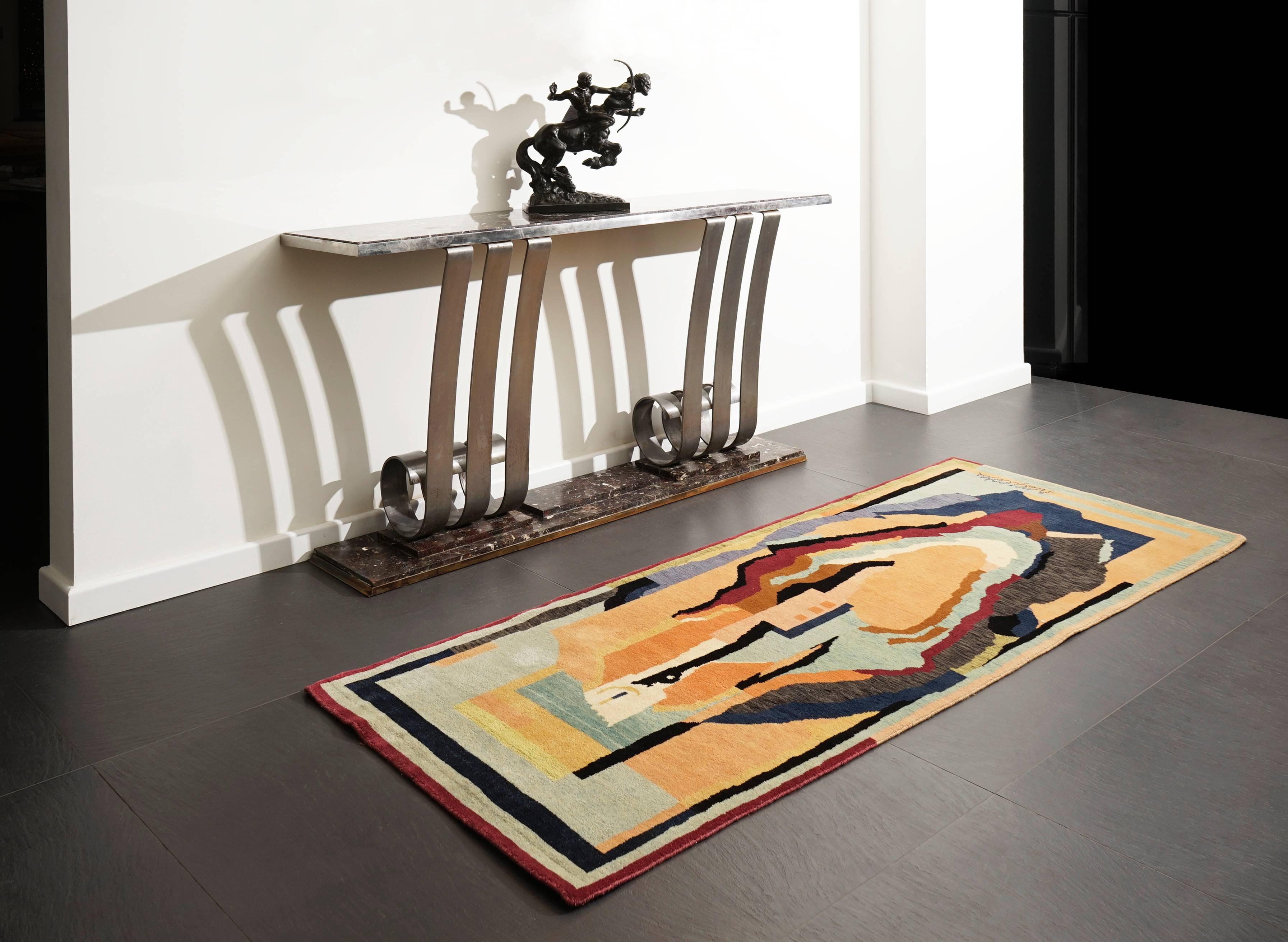 This wool rug is handwoven and signed in the weave lower right, after an artwork by Albert Gleizes.

Dimensions: 250 x 100 cm.
Artist: after Albert Gleizes.
Manufacture: Boccara
wool, handwoven.

After Albert Gleizes (1881–1953).

Albert