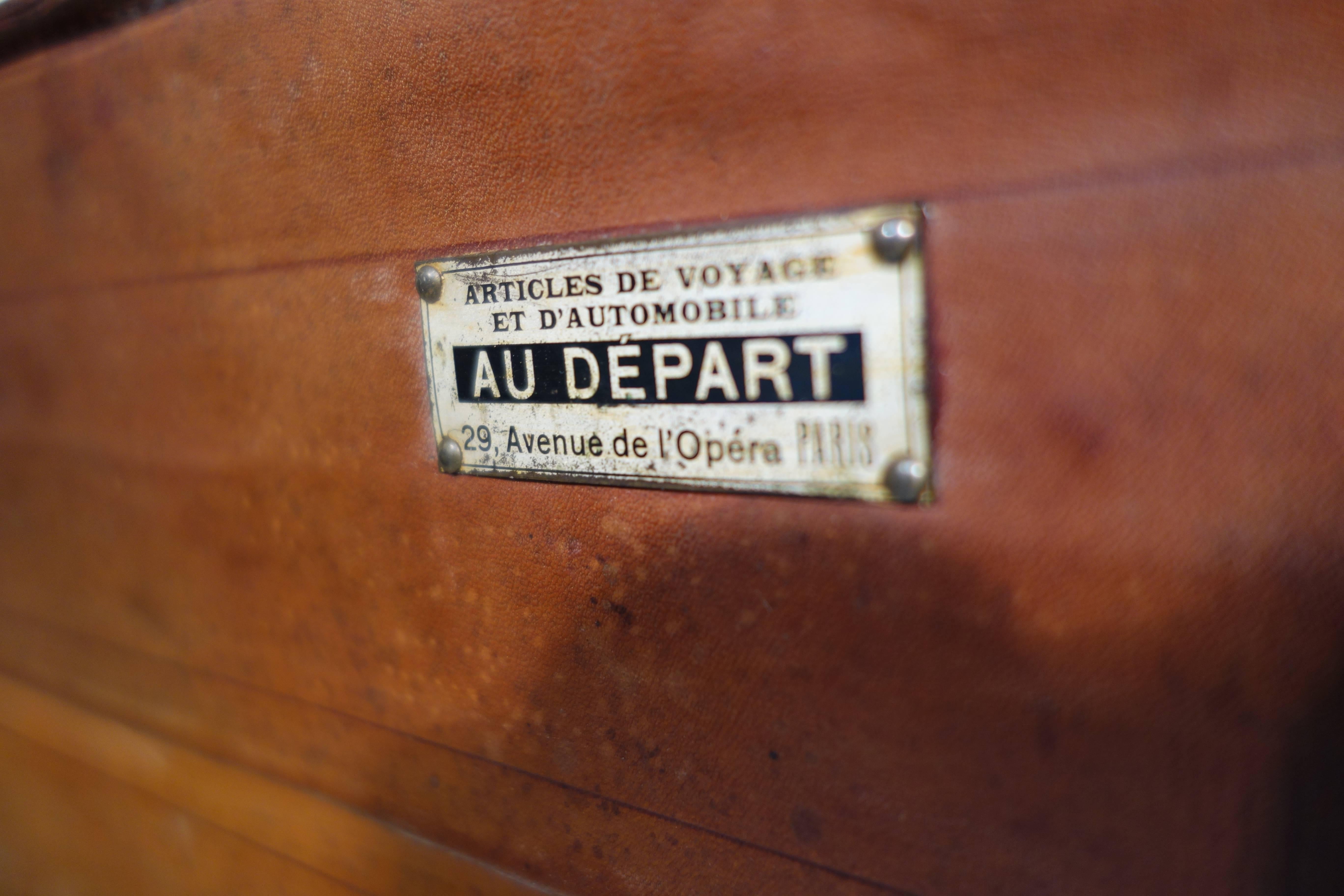 French 1920s Big Leather Steamer Trunk, Au Depart