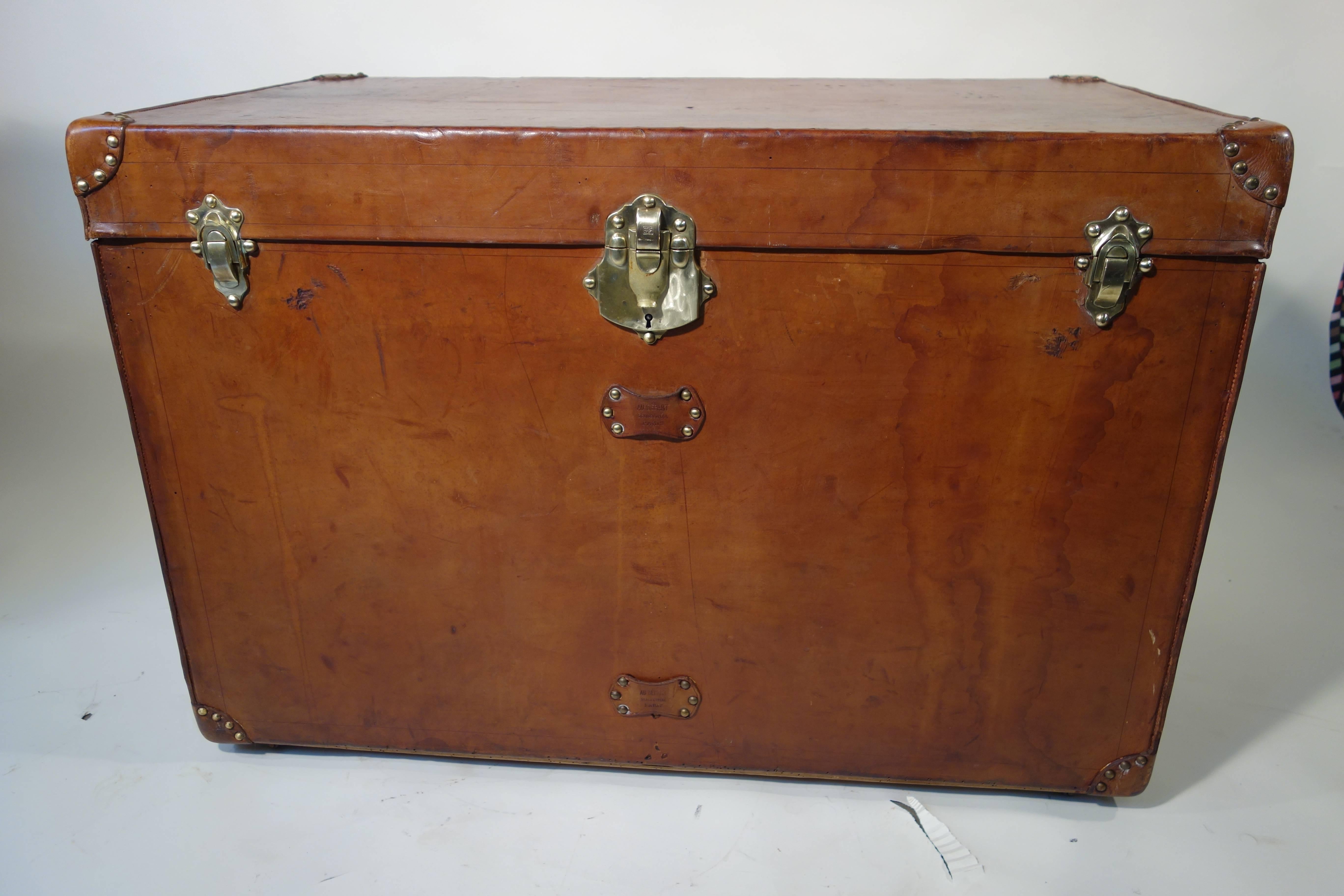 Early 20th Century 1920s Big Leather Steamer Trunk, Au Depart