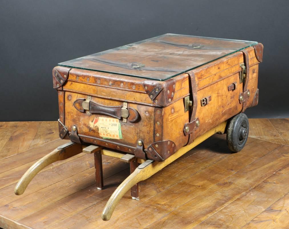 French 1930s Leather Trunk Fixed on Old Trolley For Sale
