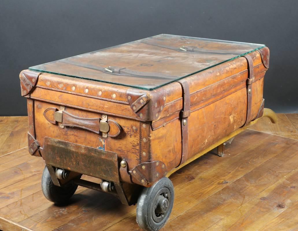 Mid-20th Century 1930s Leather Trunk Fixed on Old Trolley For Sale
