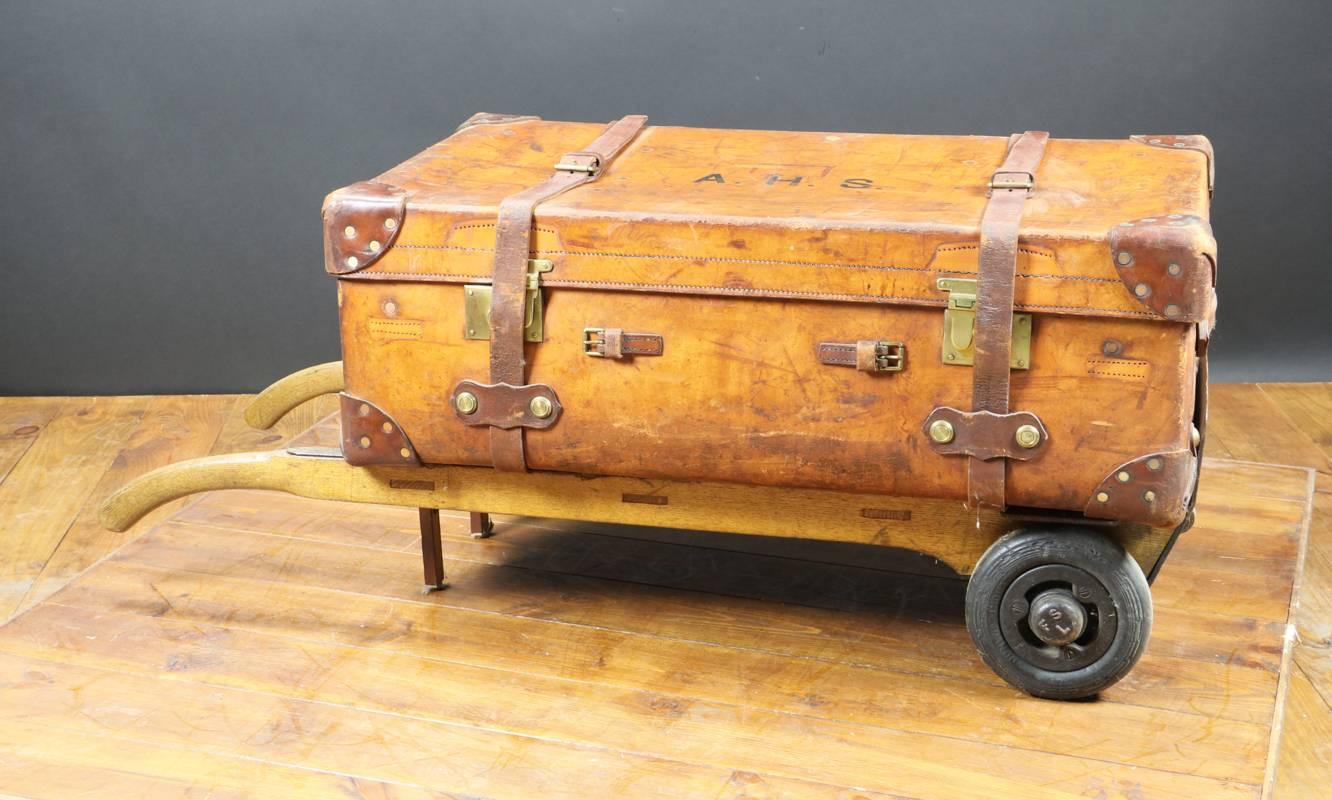 1930s Leather Trunk Fixed on Old Trolley For Sale 1