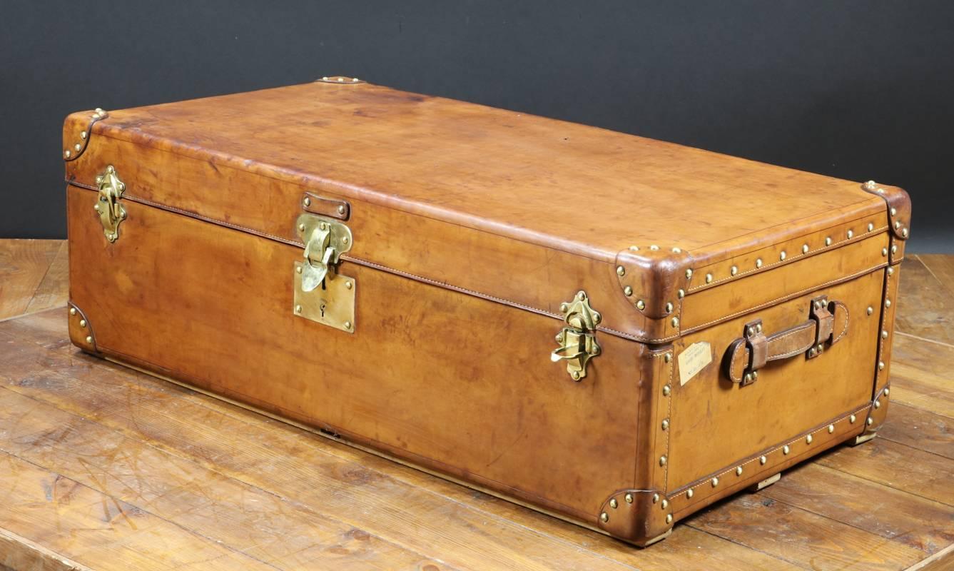 Brass 1930s Leather Cabin Trunk For Sale