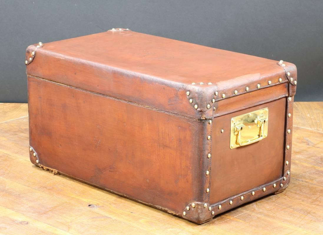 Brass 1920s Natural Leather Trunk For Sale