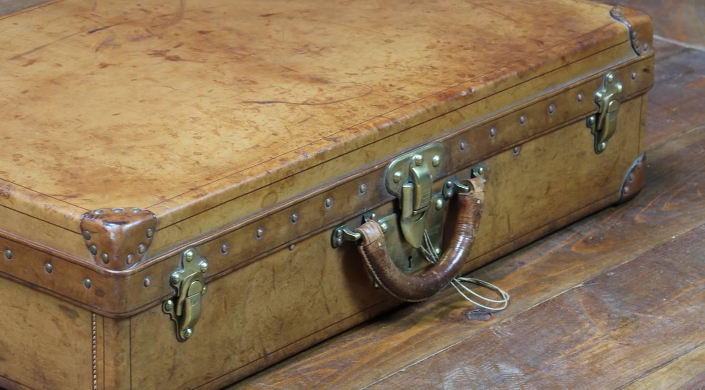Mid-20th Century 1930s Louis Vuitton Natural Leather Suitcase and Key 