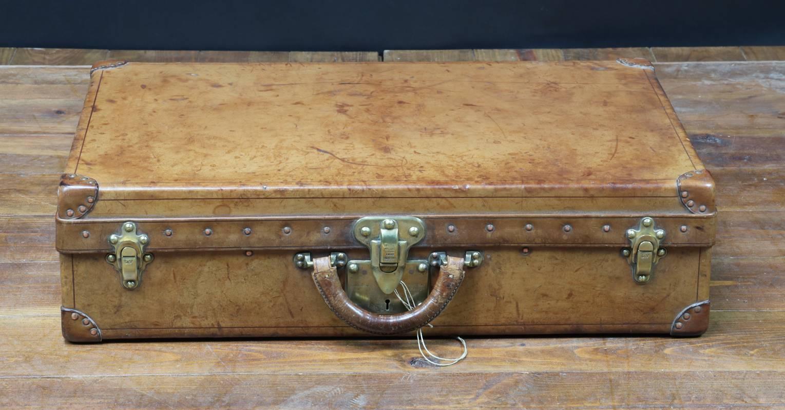 1930s Louis Vuitton Natural Leather Suitcase and Key  1