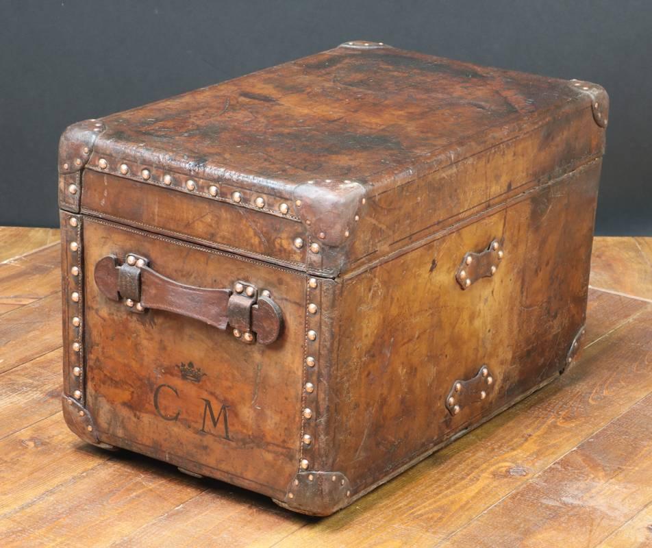 Brass 1910s Louis Vuitton Leather Trunk with Crown