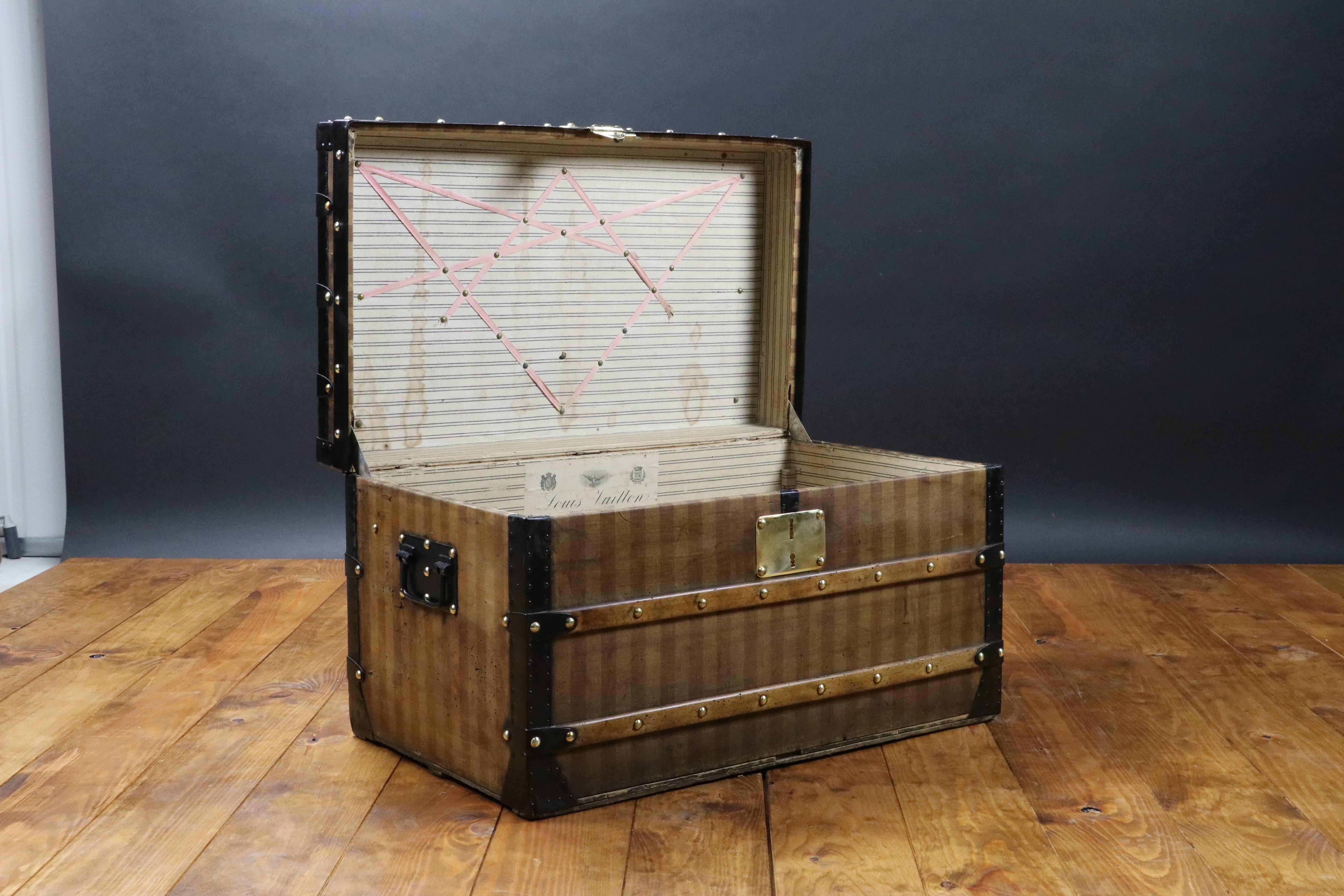 French 1870s  Louis Vuitton Stripped Trunk, Malle Louis Vuitton Toile Rayer
